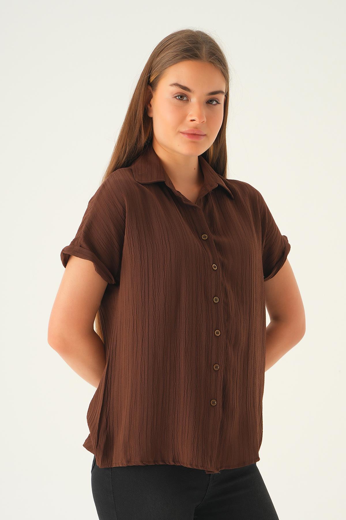 Kahve Kısa Kol Oversize Gömlek 4163A - 3