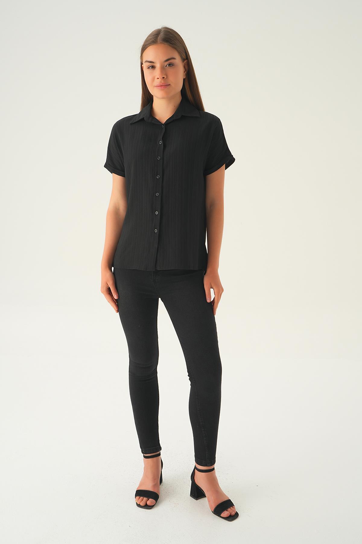 Siyah Kısa Kol Oversize Gömlek 4163A - 2