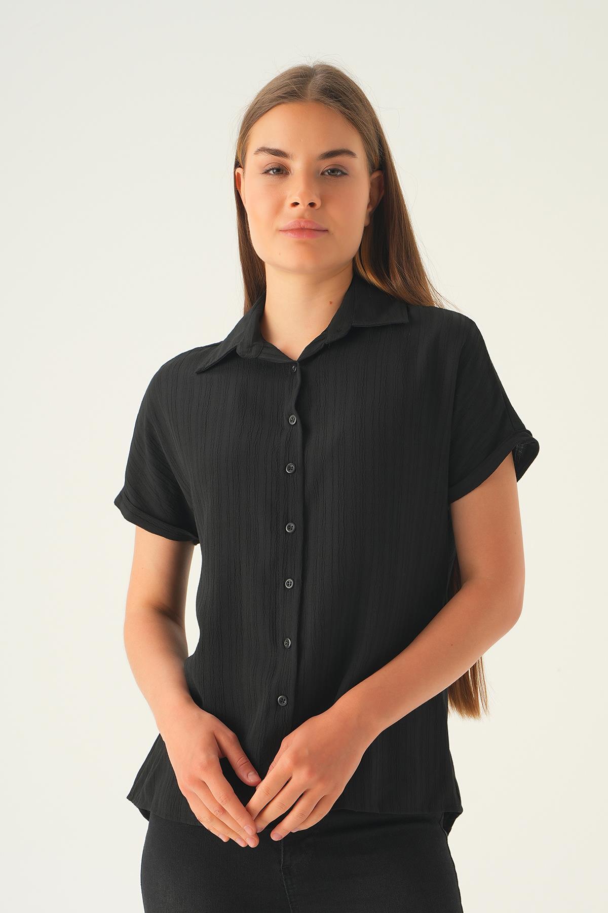 Siyah Kısa Kol Oversize Gömlek 4163A - 3