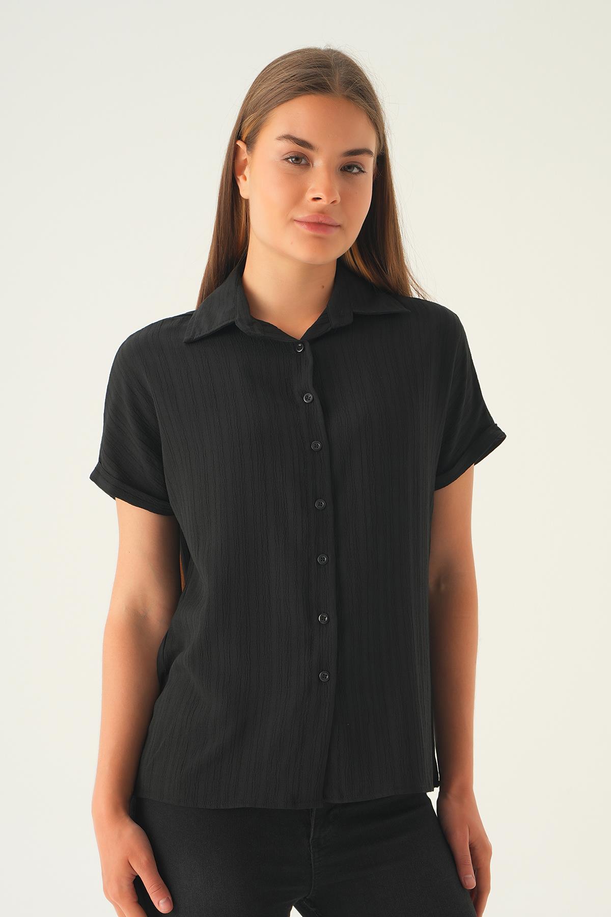 Siyah Kısa Kol Oversize Gömlek 4163A - 4