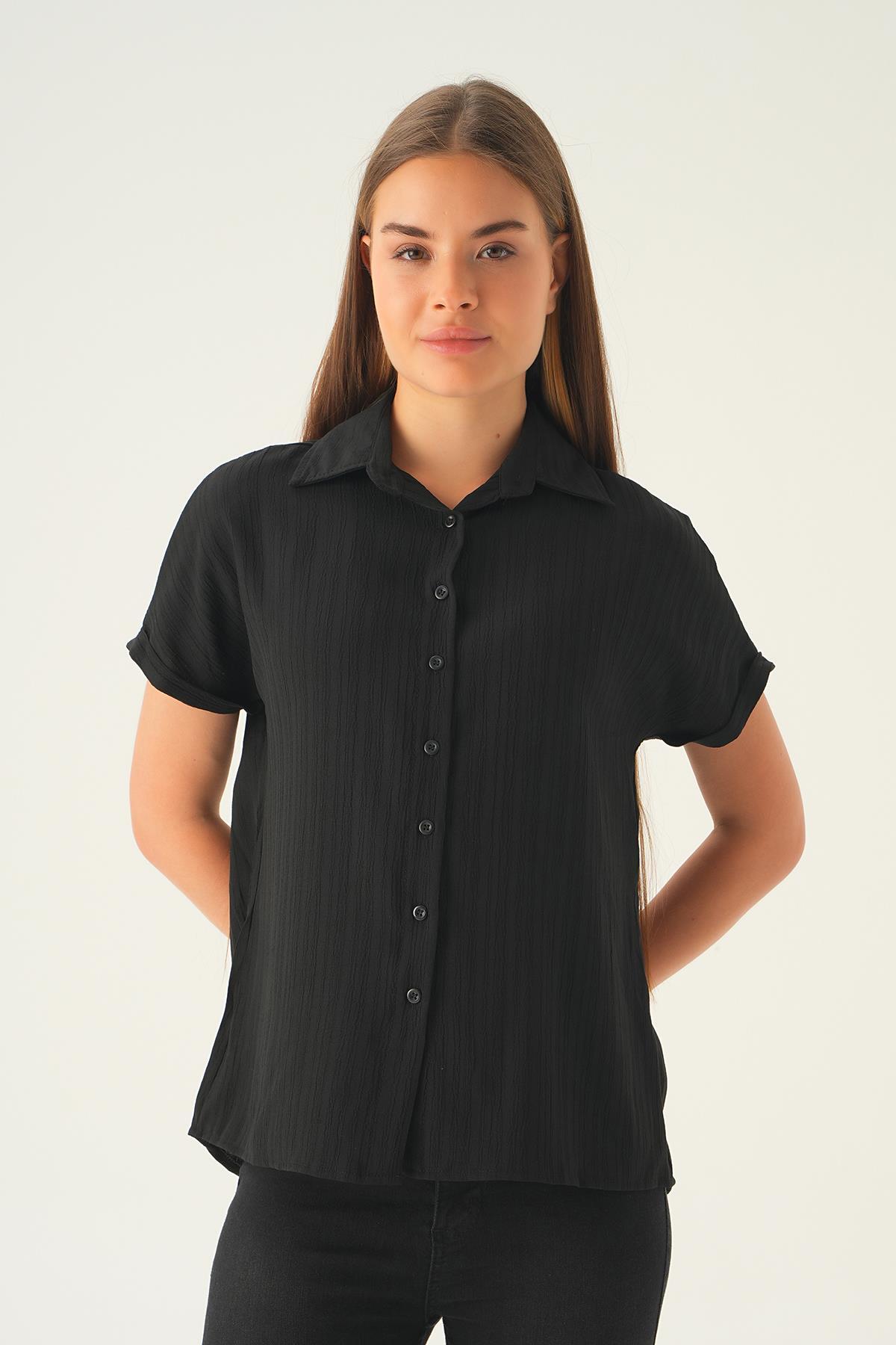 Siyah Kısa Kol Oversize Gömlek 4163A - 1