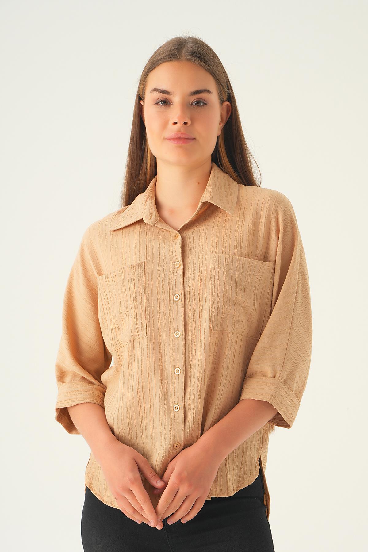 4164A Kol Katlamalı Cepli Gömlek Vizon 