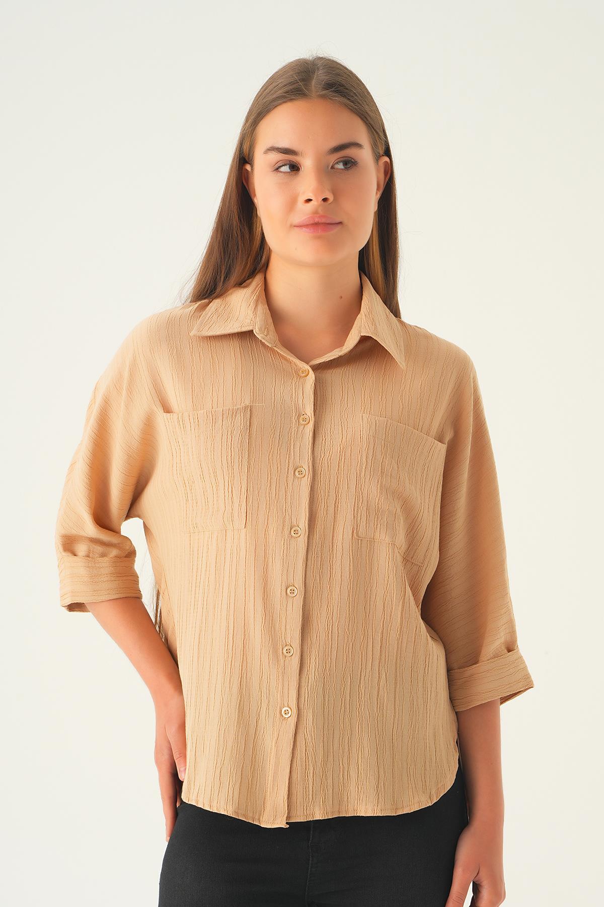 4164A Kol Katlamalı Cepli Gömlek Vizon - 4