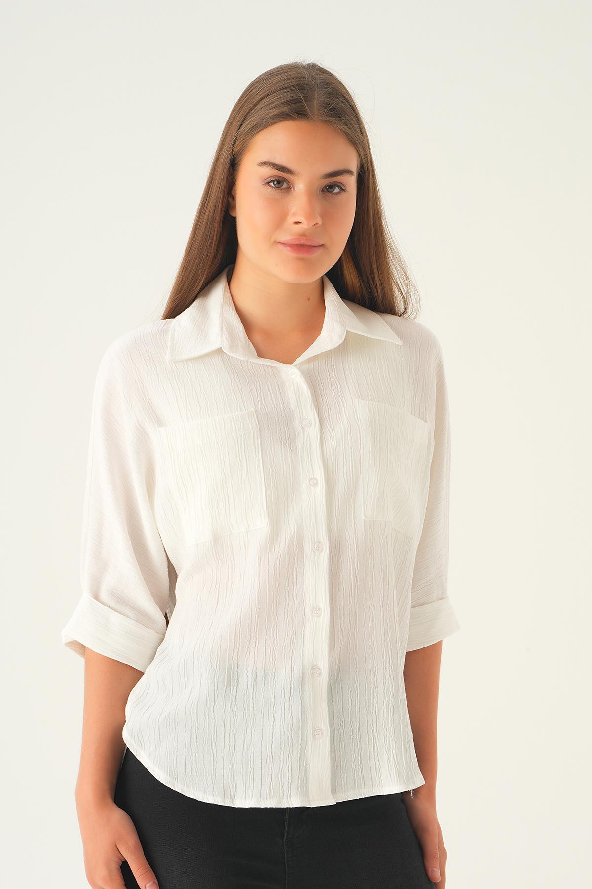 4164A Kol Katlamalı Klasik gömlek Ekru 