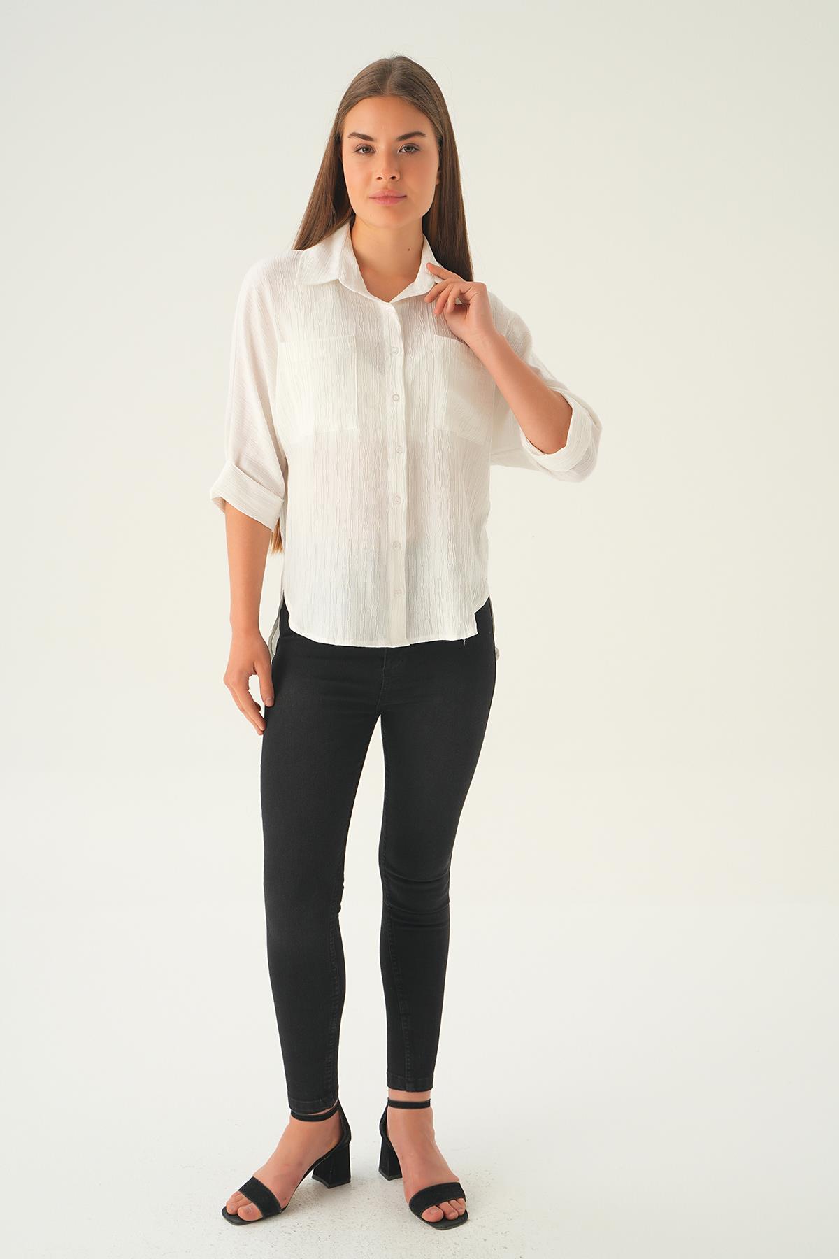 4164A Kol Katlamalı Klasik gömlek Ekru - 3