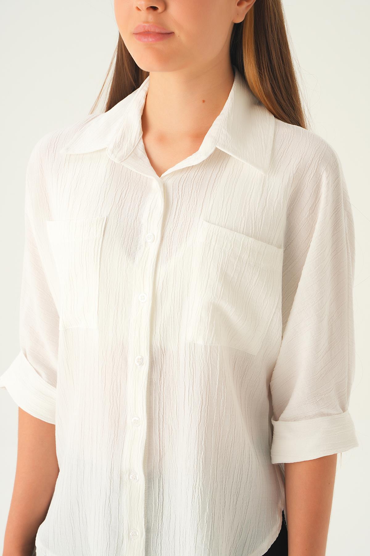 4164A Kol Katlamalı Klasik gömlek Ekru - 6