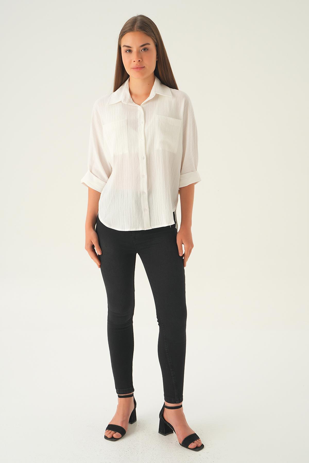 Ekru Kol Katlamalı Cepli Gömlek 4164A - 2