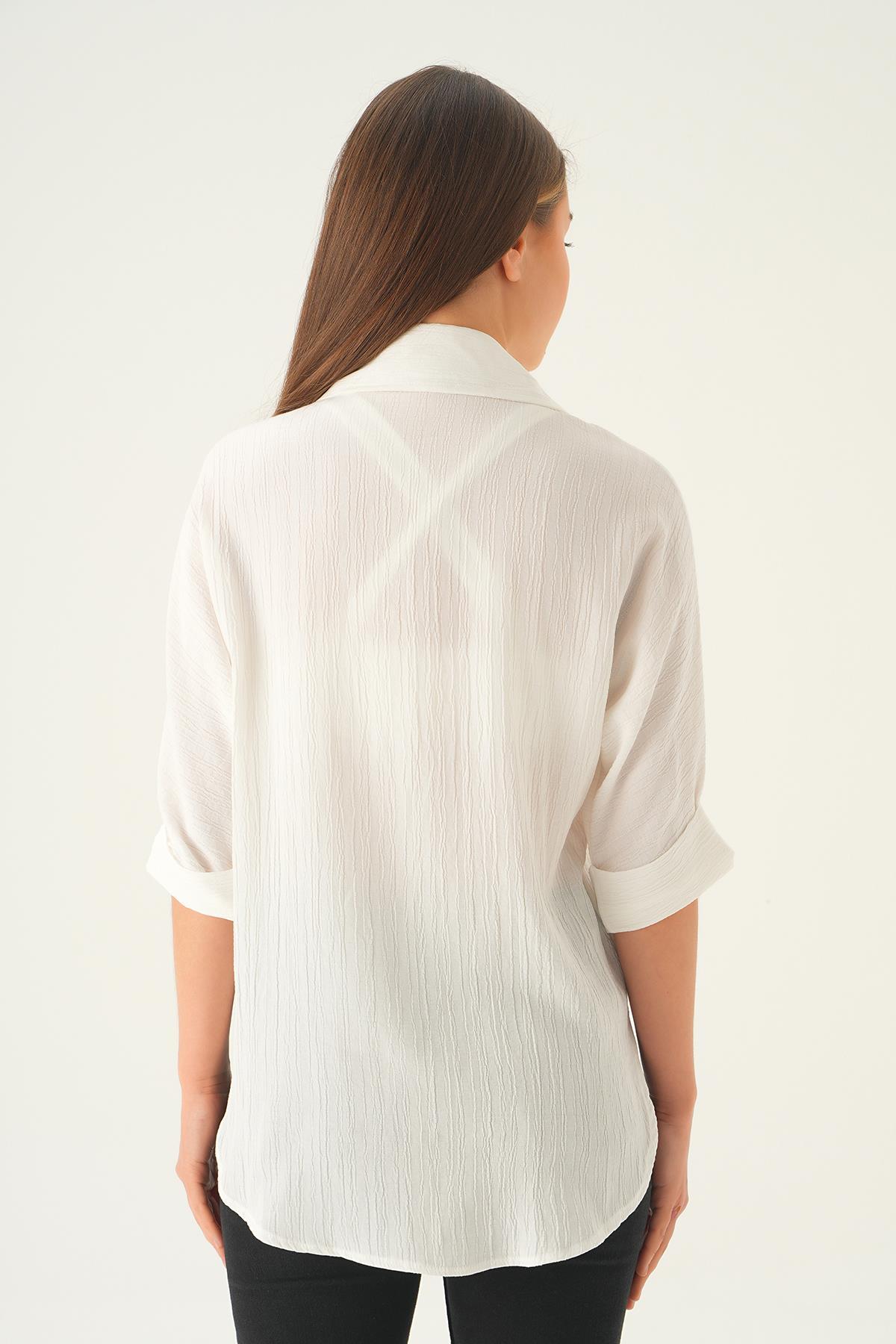 Ekru Kol Katlamalı Cepli Gömlek 4164A - 5