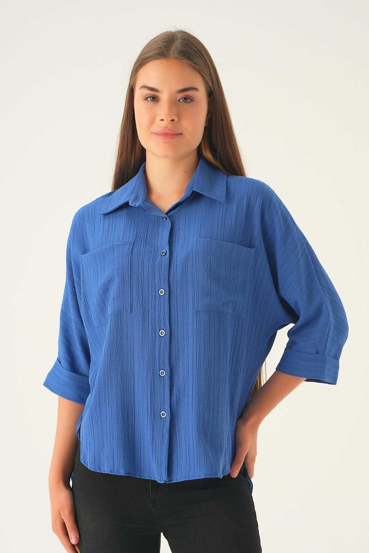 4164A Kol Katlamalı Klasik gömlek İndigo - 1