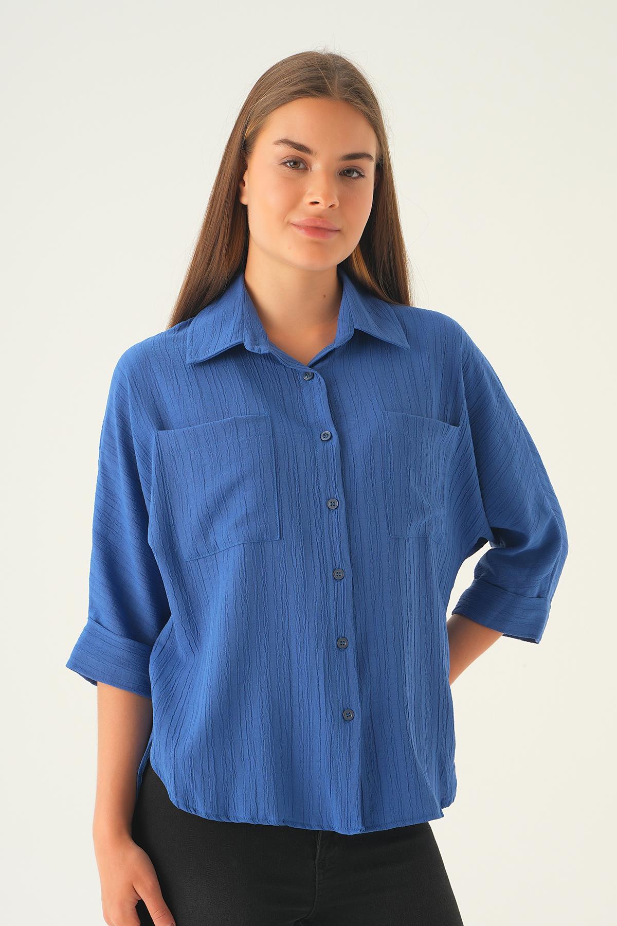 4164A Kol Katlamalı Klasik gömlek İndigo - 4