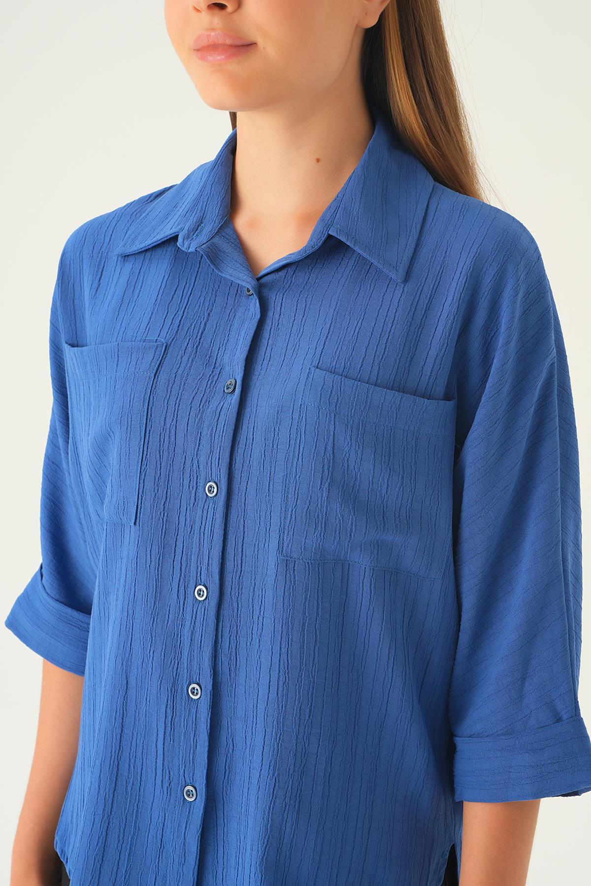 4164A Kol Katlamalı Klasik gömlek İndigo - 6