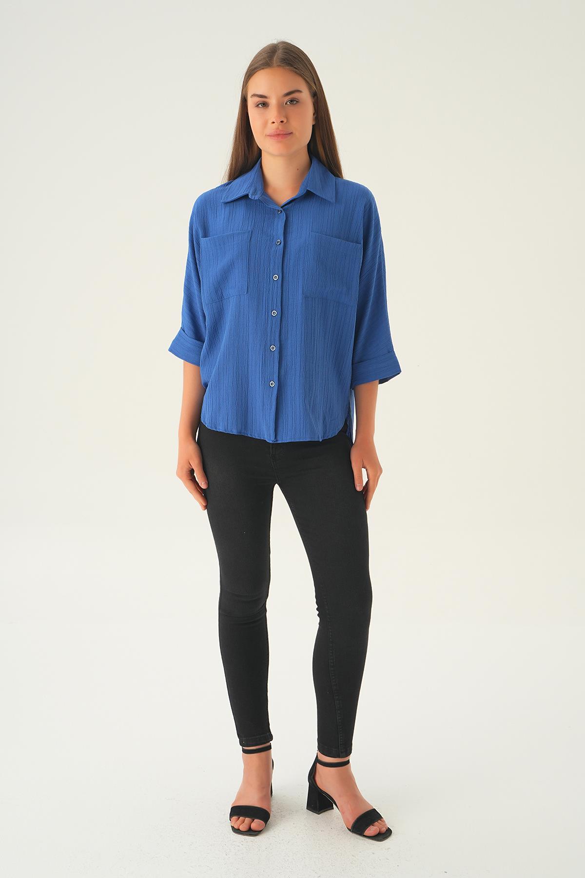 İndigo Kol Katlamalı Cepli Gömlek 4164A - 2