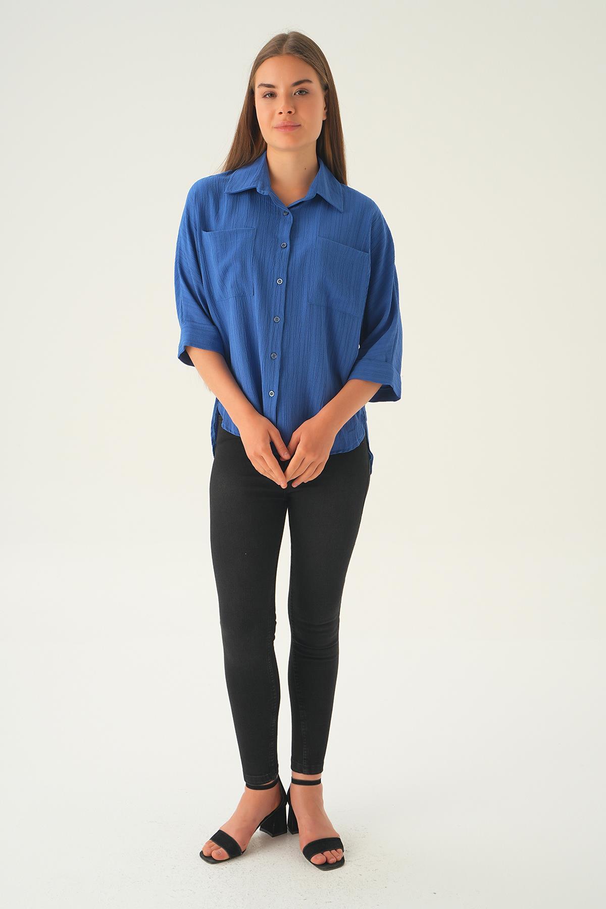 İndigo Kol Katlamalı Cepli Gömlek 4164A - 3