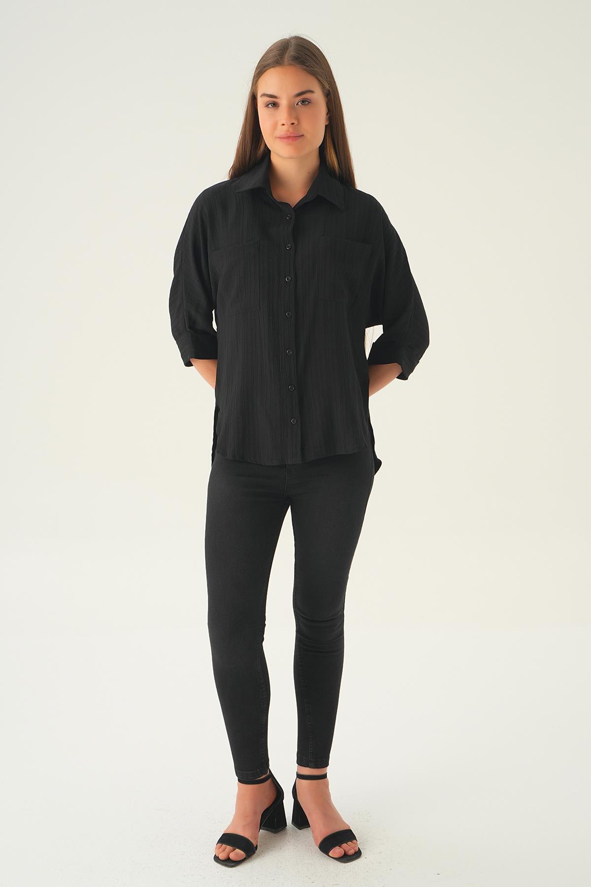 4164A Kol Katlamalı Klasik gömlek Siyah - 3