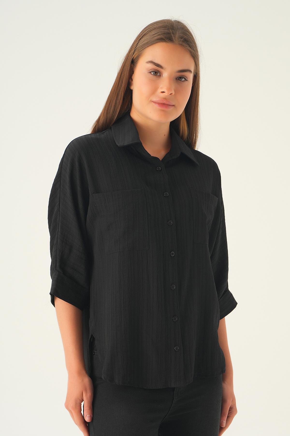 4164A Kol Katlamalı Klasik gömlek Siyah - 1
