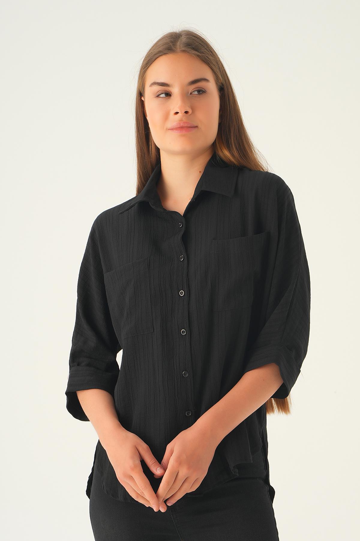 4164A Kol Katlamalı Klasik gömlek Siyah - 4