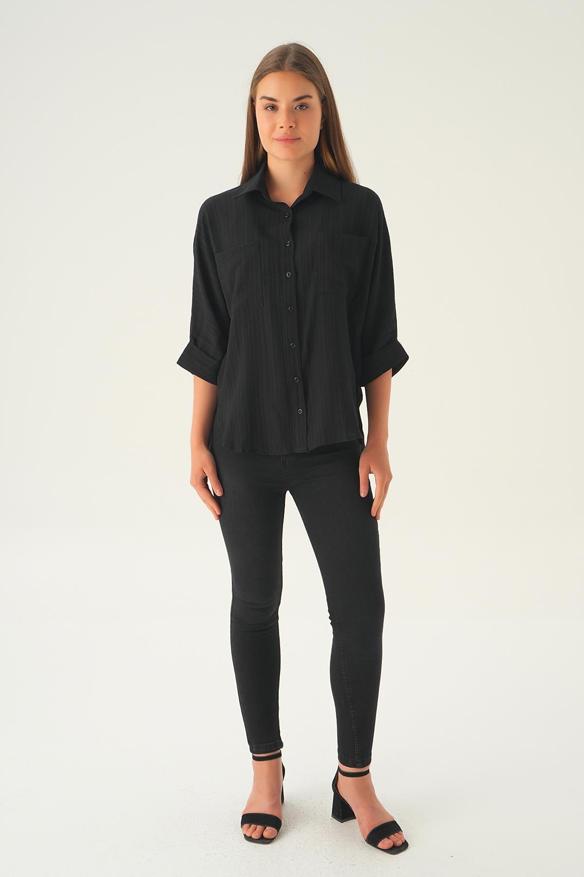 Siyah Kol Katlamalı Cepli Gömlek 4164A - 2