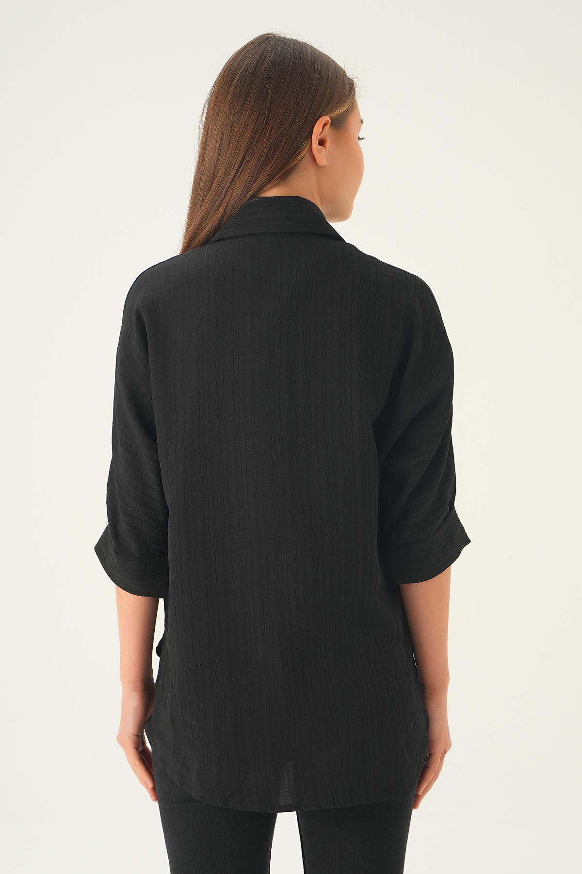 Siyah Kol Katlamalı Cepli Gömlek 4164A - 5