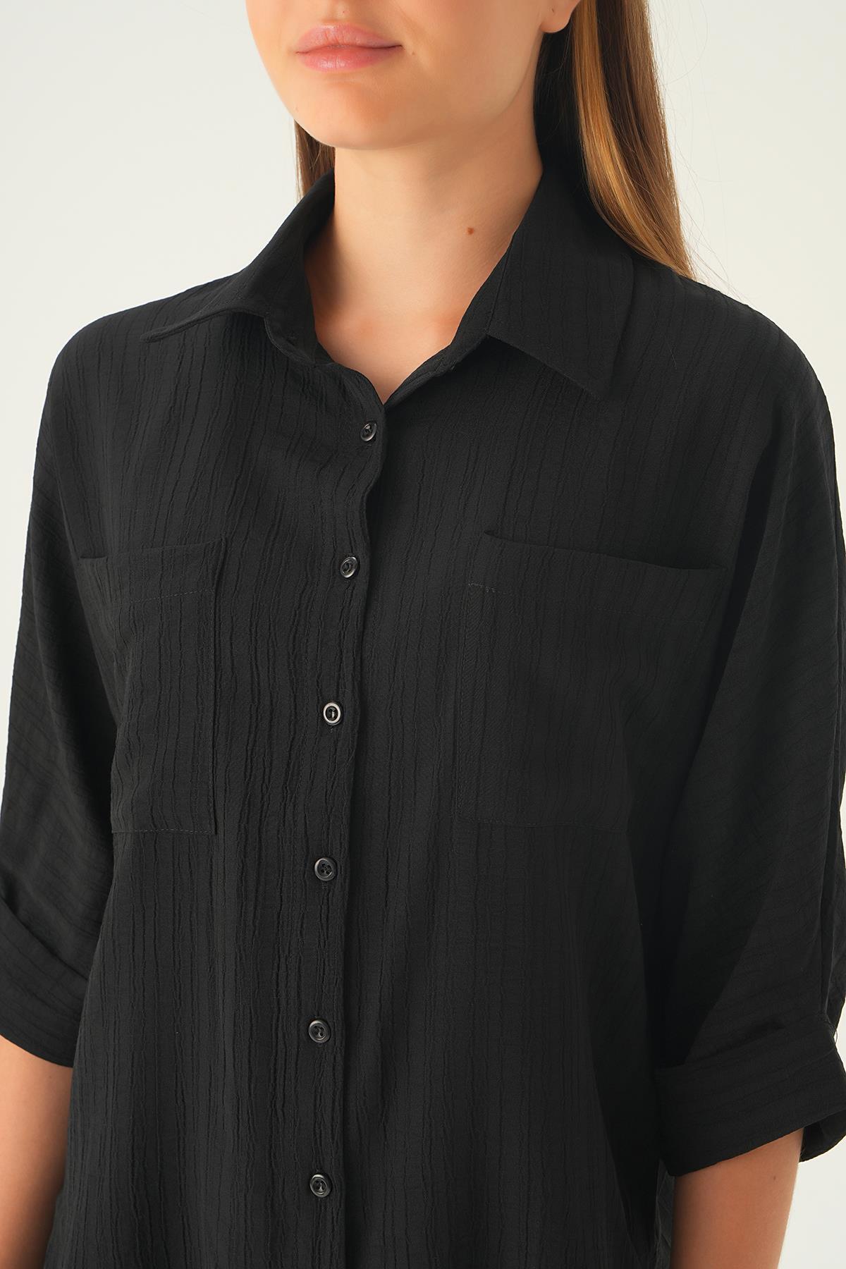 Siyah Kol Katlamalı Cepli Gömlek 4164A - 6