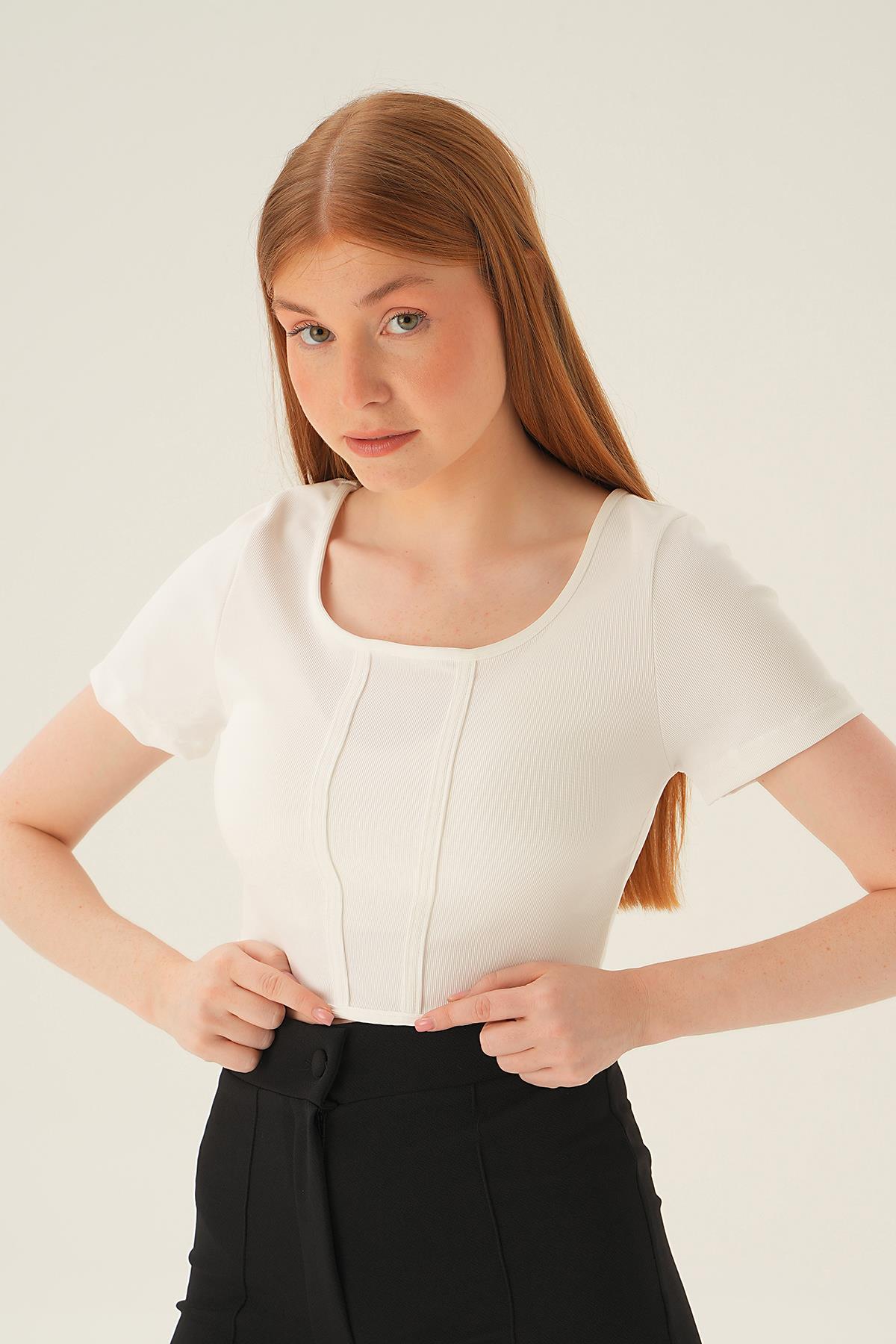 Ekru Kayık Yaka Bluz 4166A 