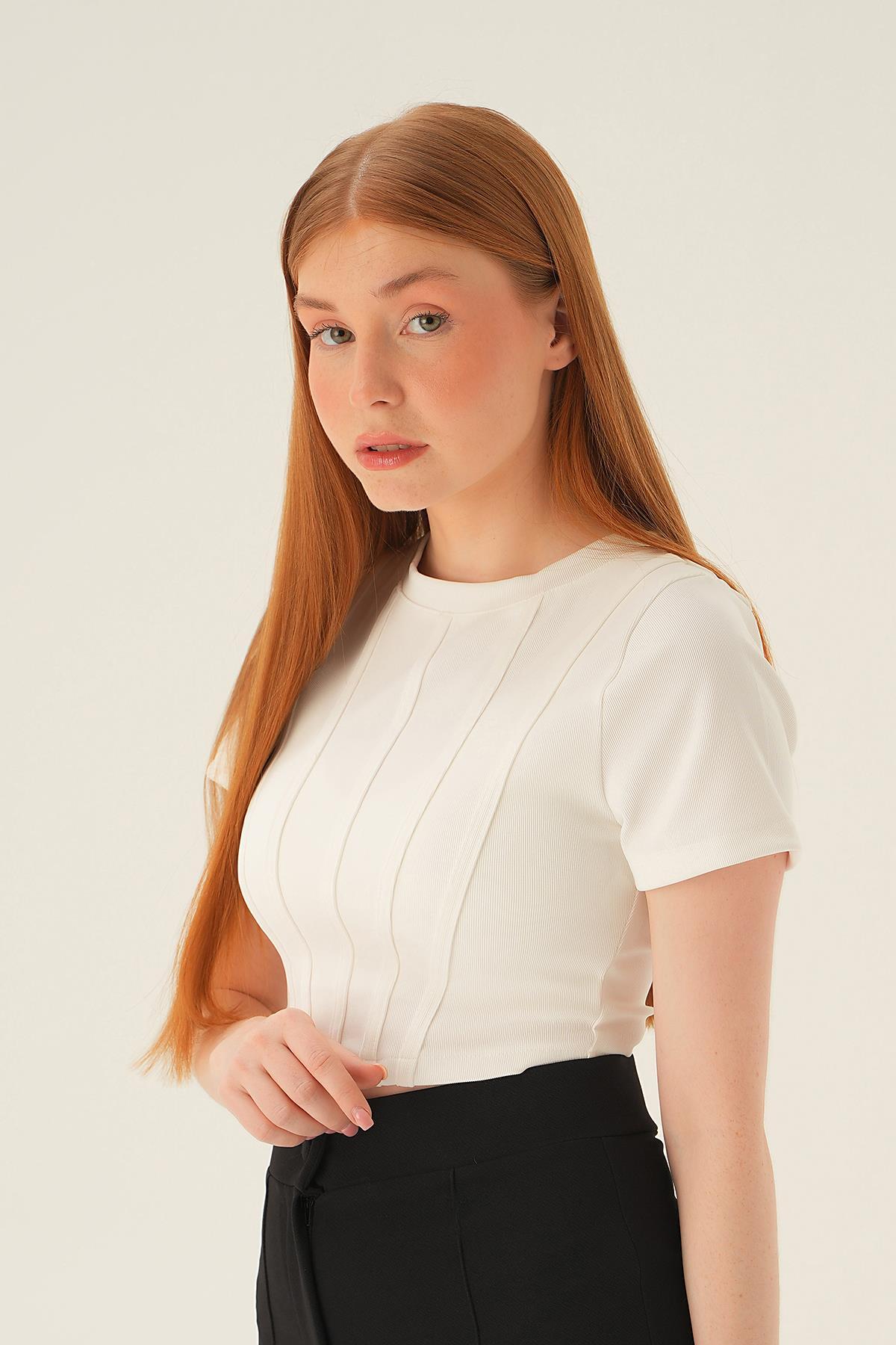 4167A Kısa Kol Çıma Detay Bluz Ekru - 1