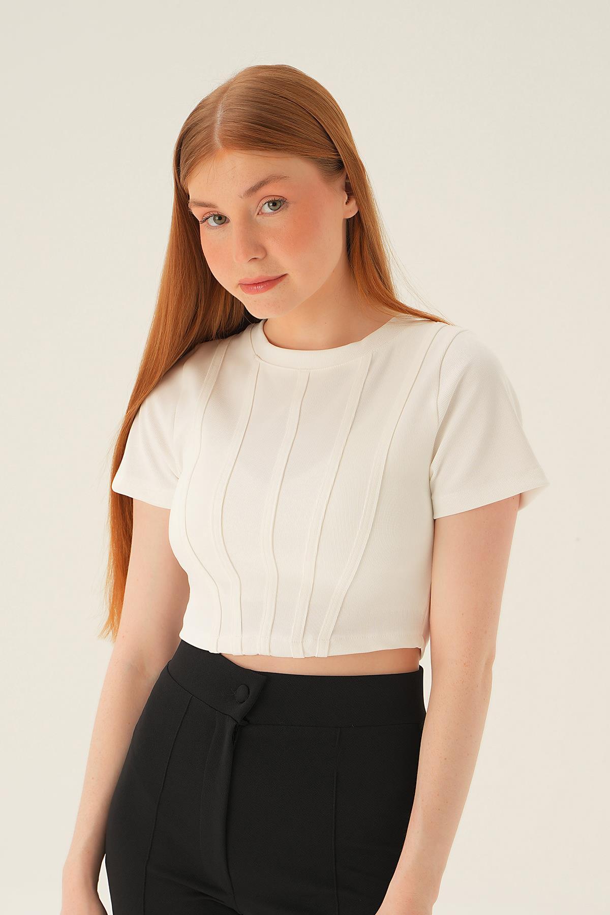 4167A Kısa Kol Çıma Detay Bluz Ekru - 3