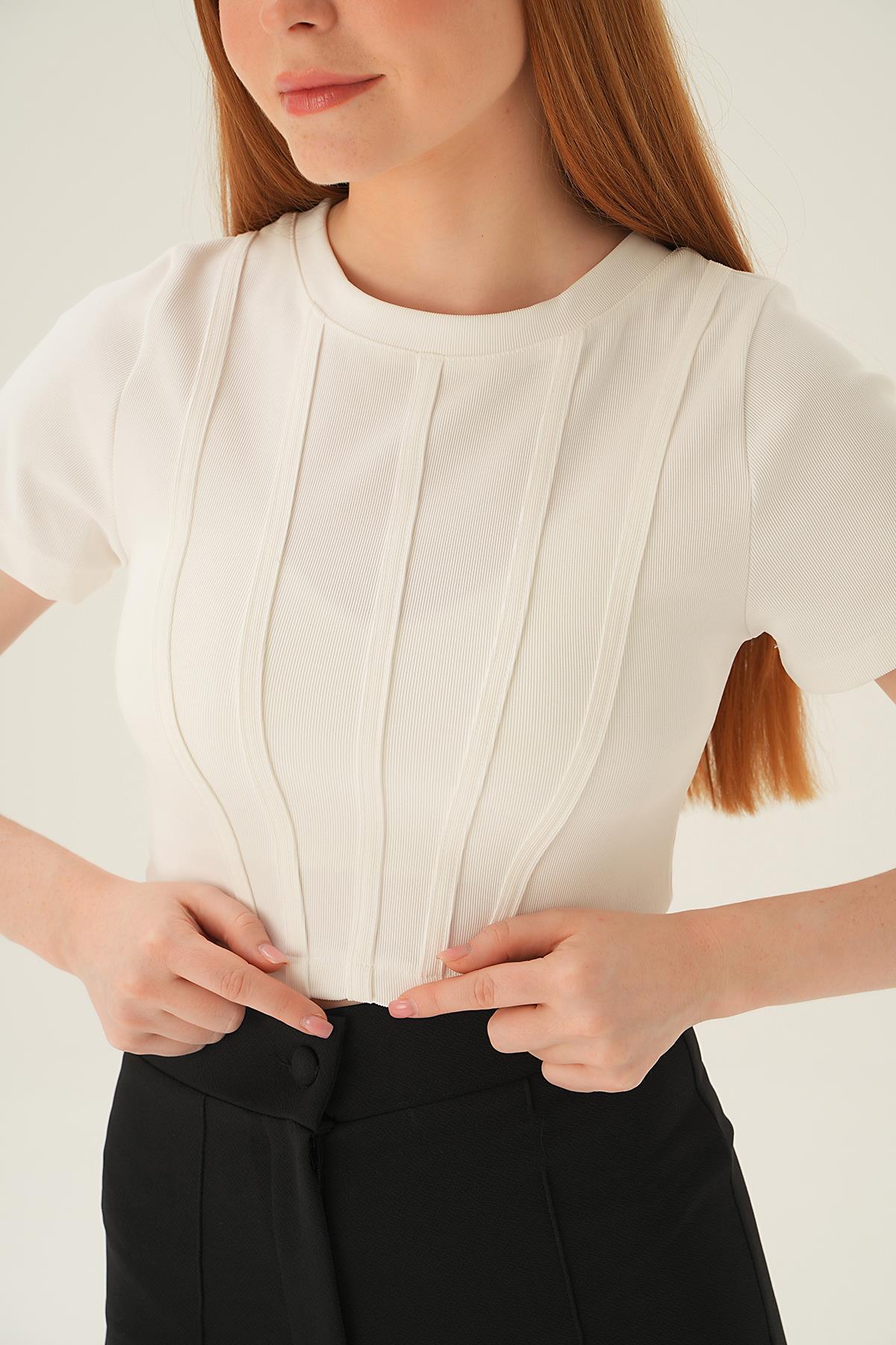 Ekru Kısa Kol Çıma Detay Bluz 4167A - 2
