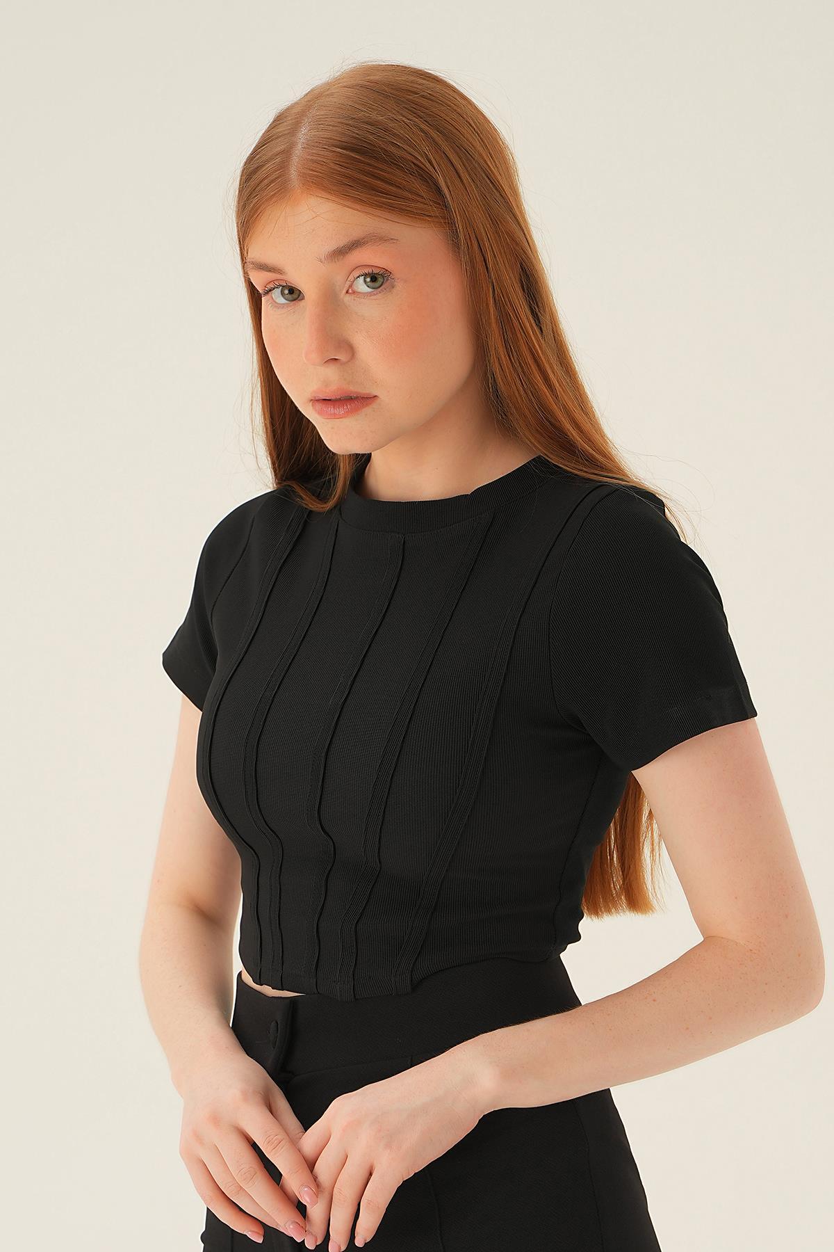 4167A Kısa Kol Çıma Detay Bluz Siyah - RAYS