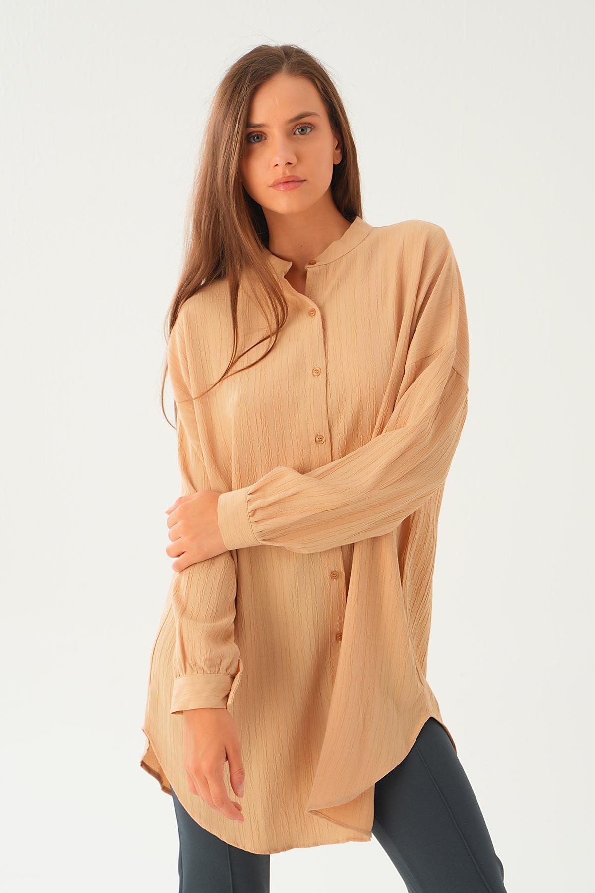 4172A Hakim Yaka Uzun Gömlek Tunik Bej - 2