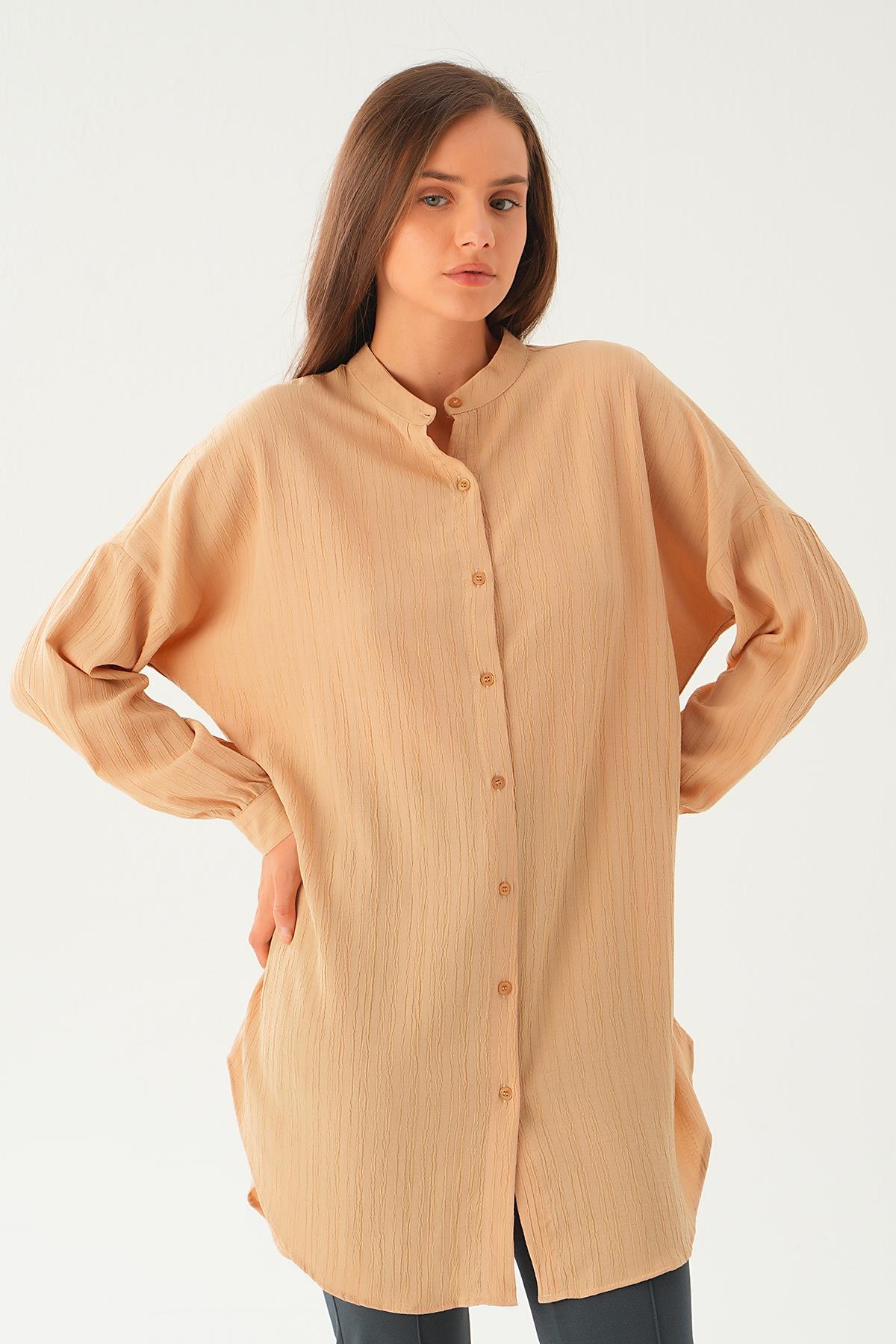 4172A Hakim Yaka Uzun Gömlek Tunik Bej - 3