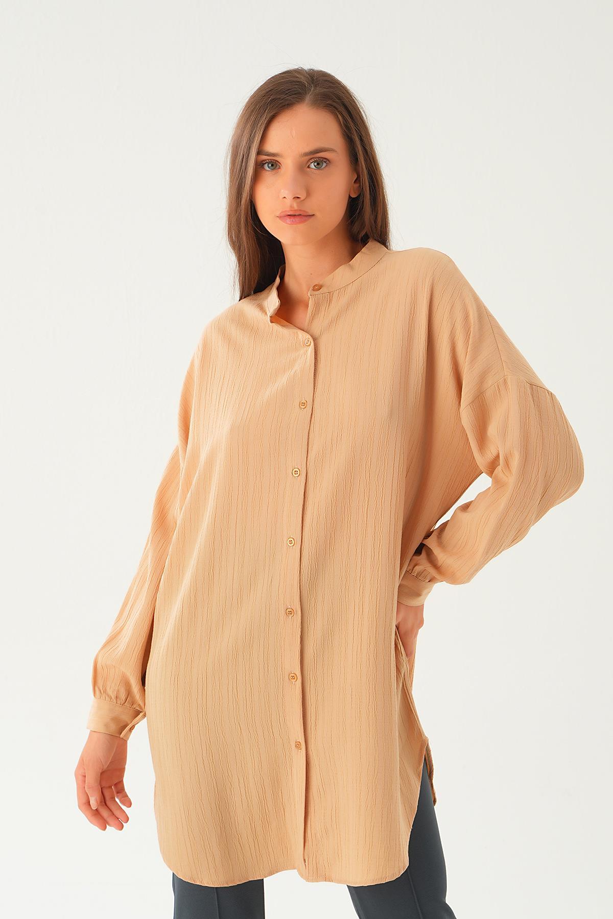 4172A Hakim Yaka Uzun Gömlek Tunik Bej - 4