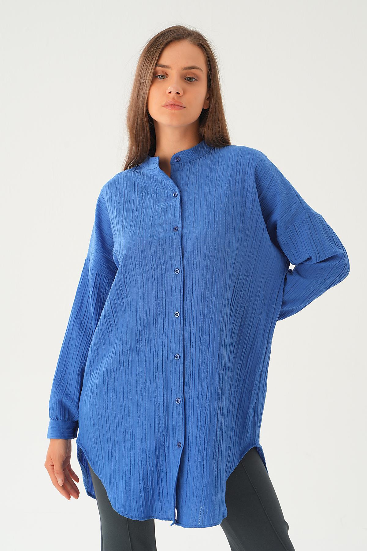 4172A Hakim Yaka Uzun Gömlek Tunik İndigo - 4