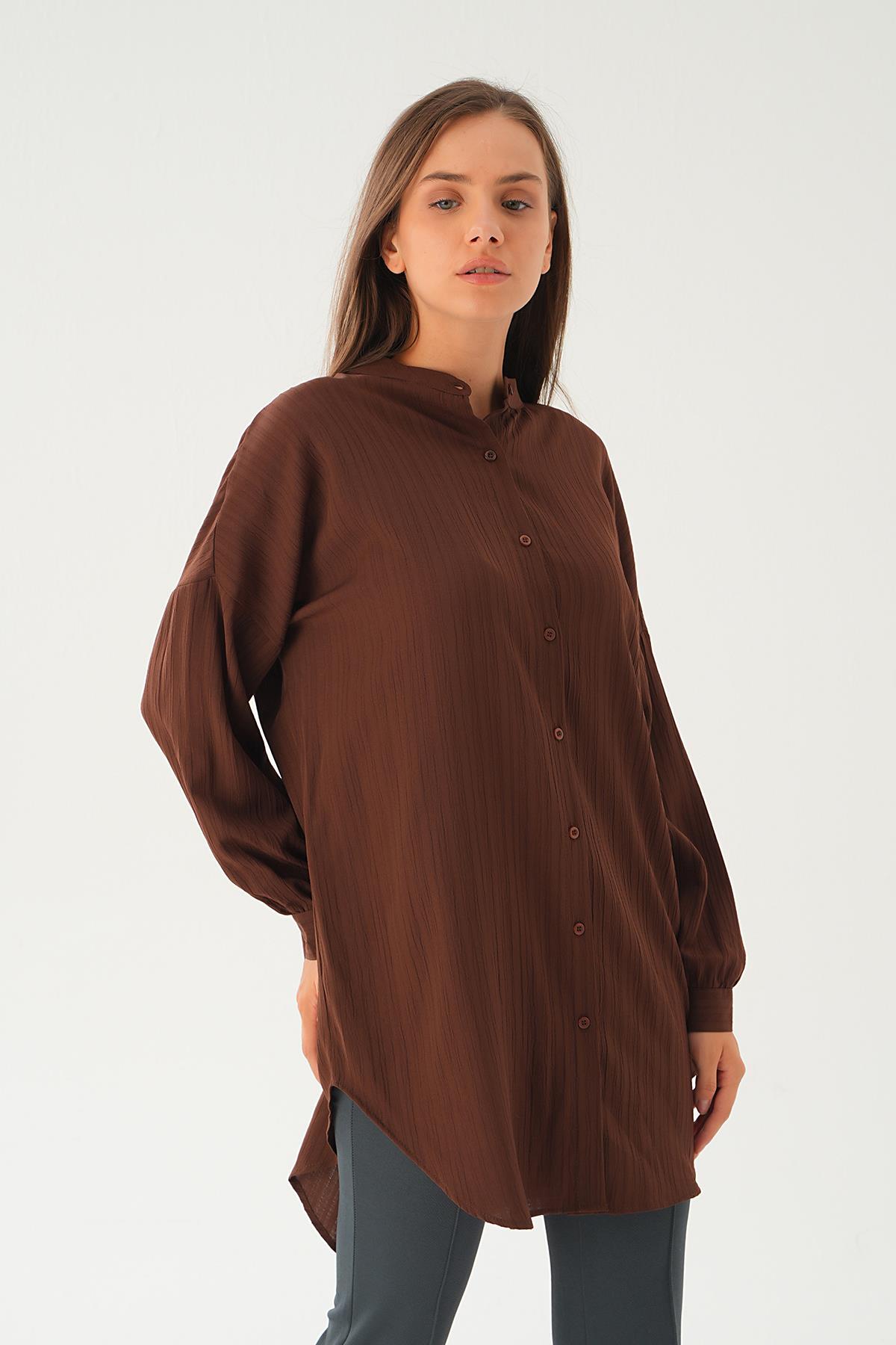 4172A Hakim Yaka Uzun Gömlek Kahve - 4