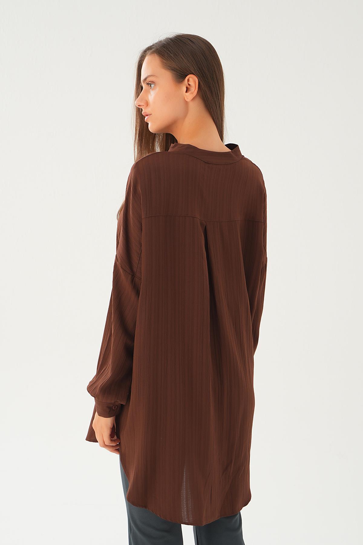 4172A Hakim Yaka Uzun Gömlek Kahve - 5