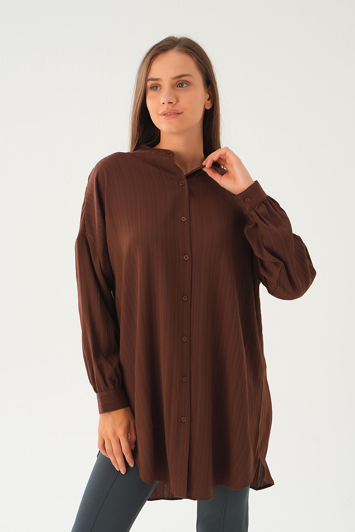 4172A Hakim Yaka Uzun Gömlek Kahve - 2