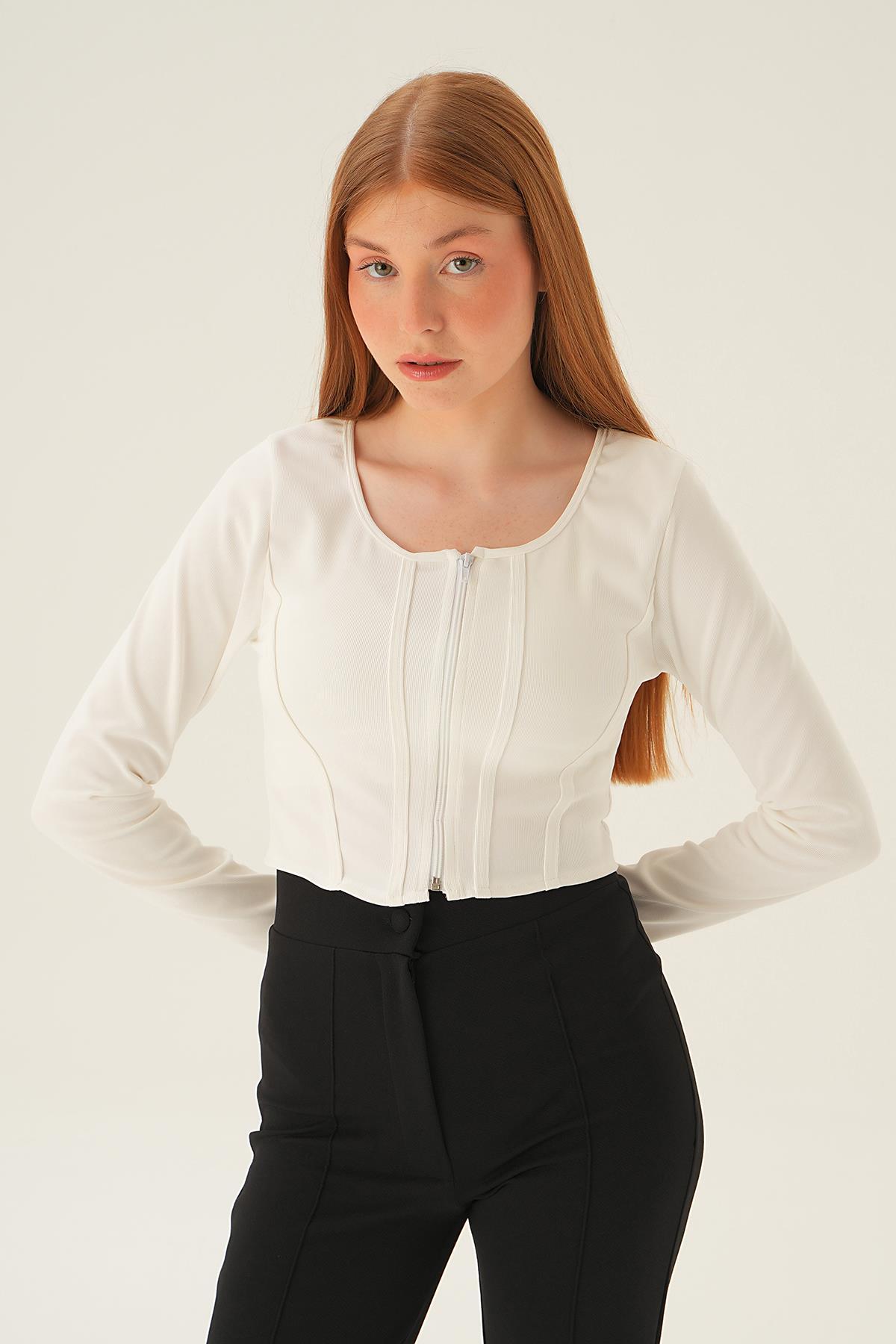 4179A Fermuar Detay Uzun Kol Bluz Ekru - 3