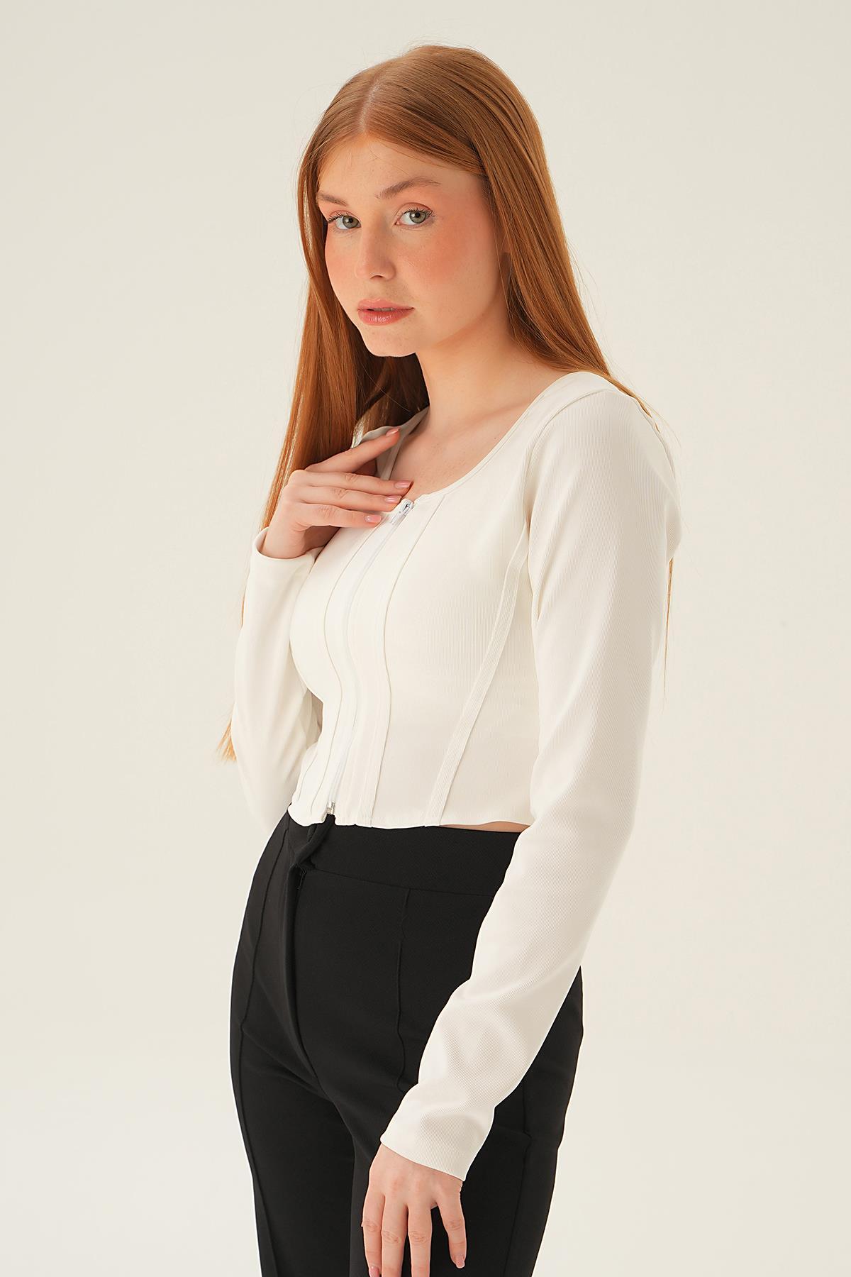 Ekru Fermuar Detay Uzun Kol Bluz 4179A 
