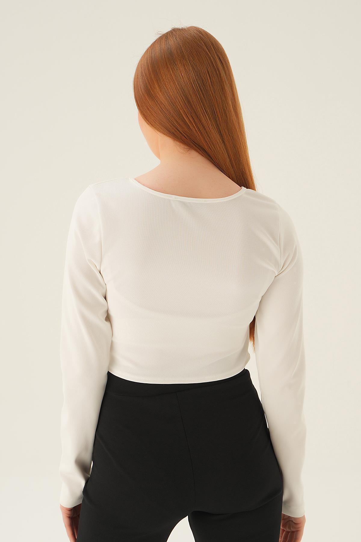 Ekru Fermuar Detay Uzun Kol Bluz 4179A - 4