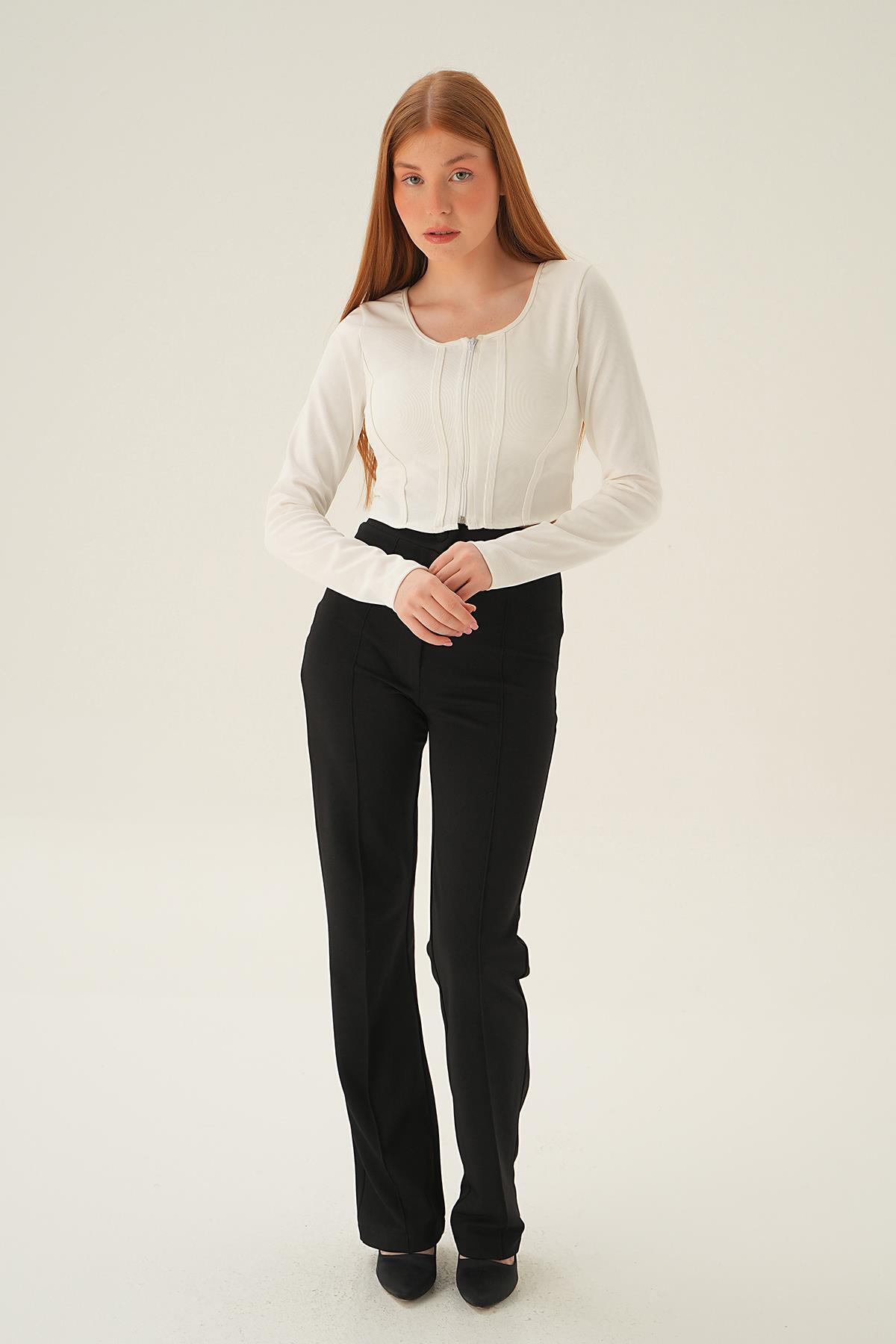 Ekru Fermuar Detay Uzun Kol Bluz 4179A - 6