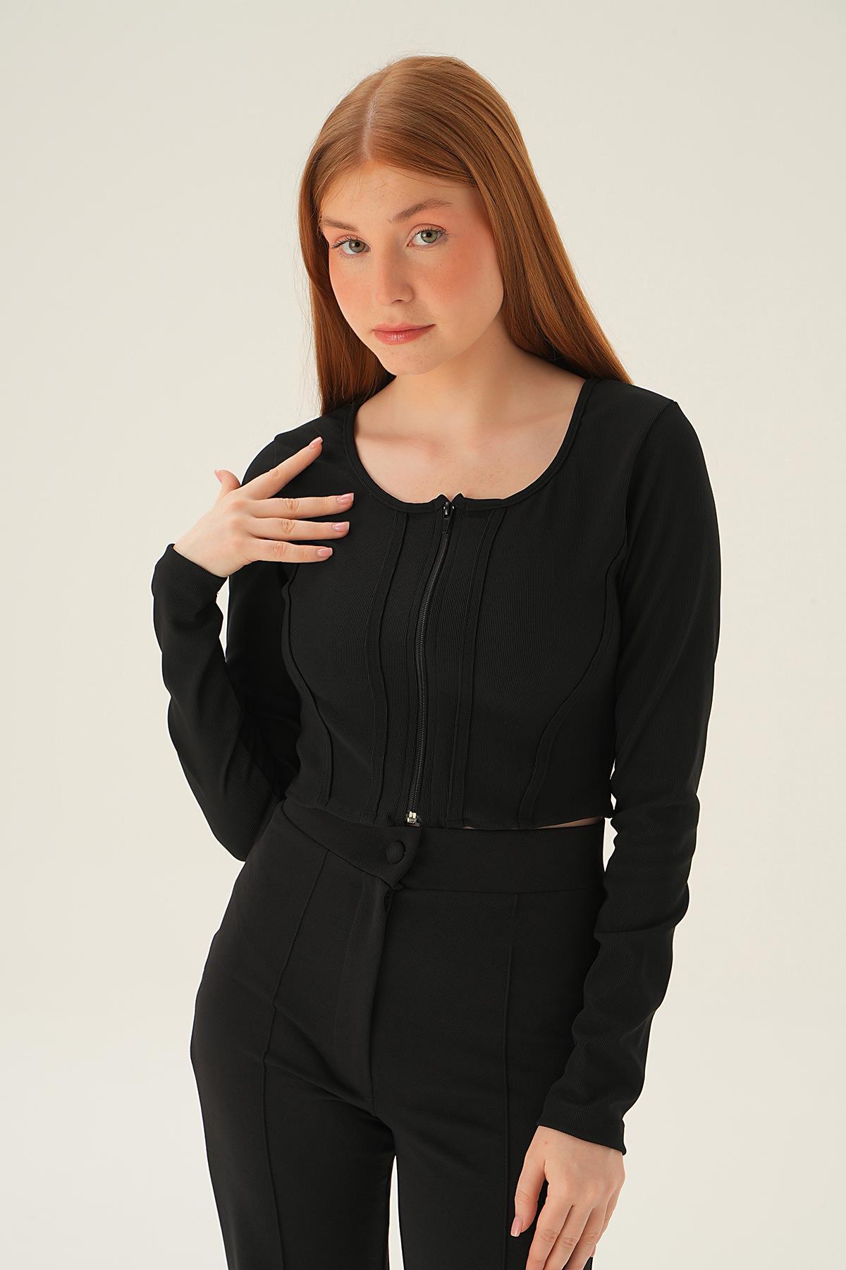 Siyah Fermuar Detay Uzun Kol Bluz 4179A - 1