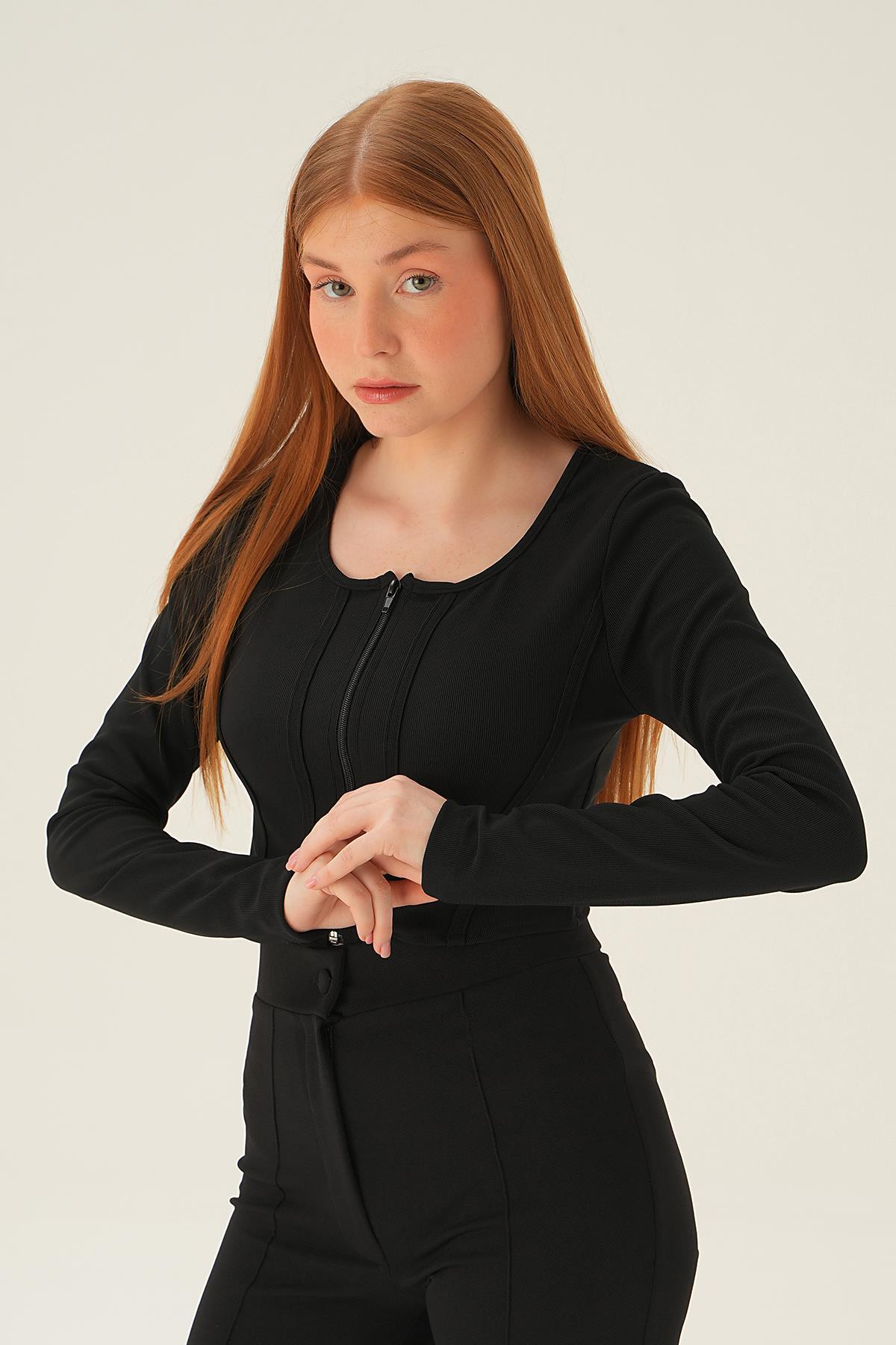 Siyah Fermuar Detay Uzun Kol Bluz 4179A - 3