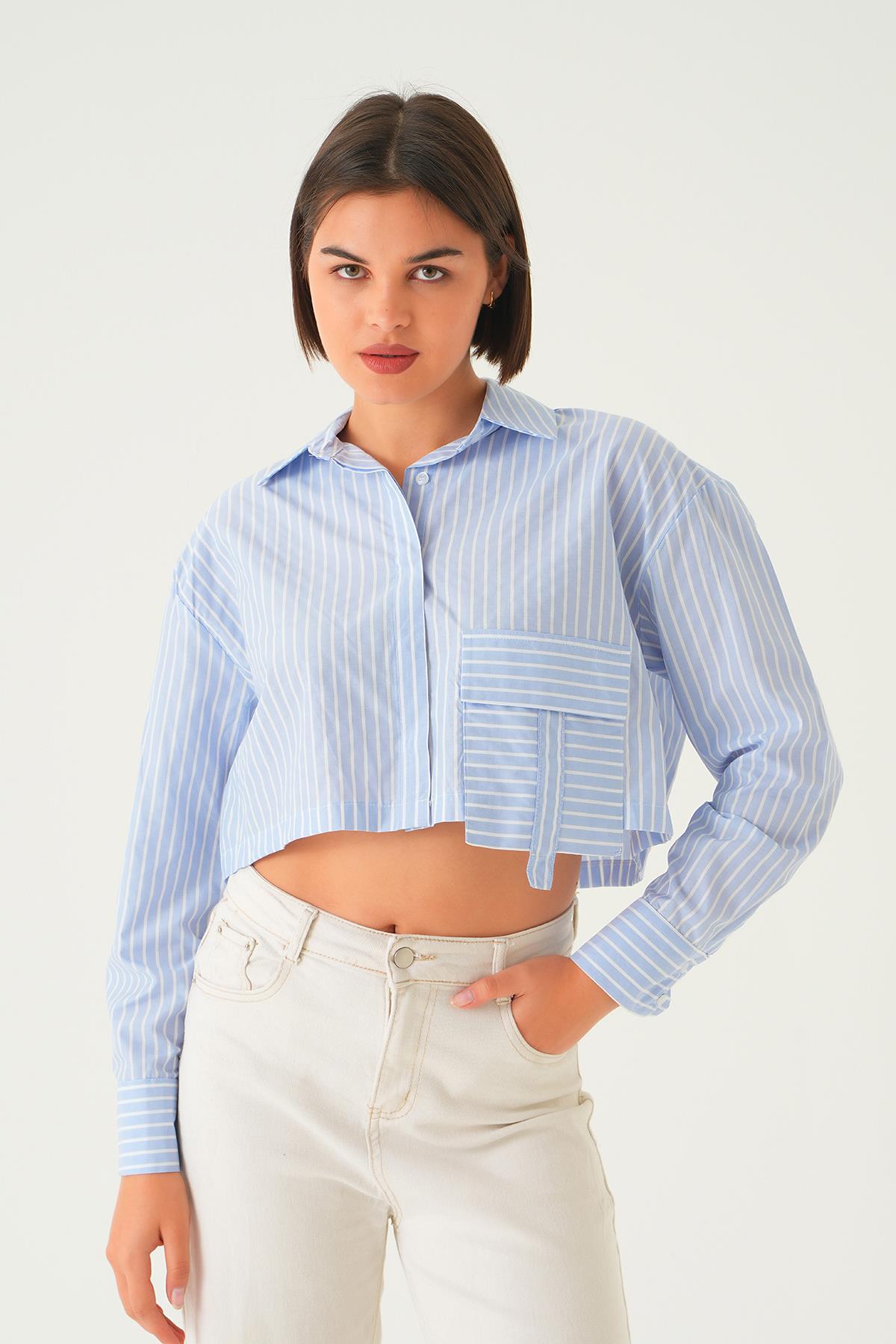 4182A Cepli Crop Gömlek Mavi - 1
