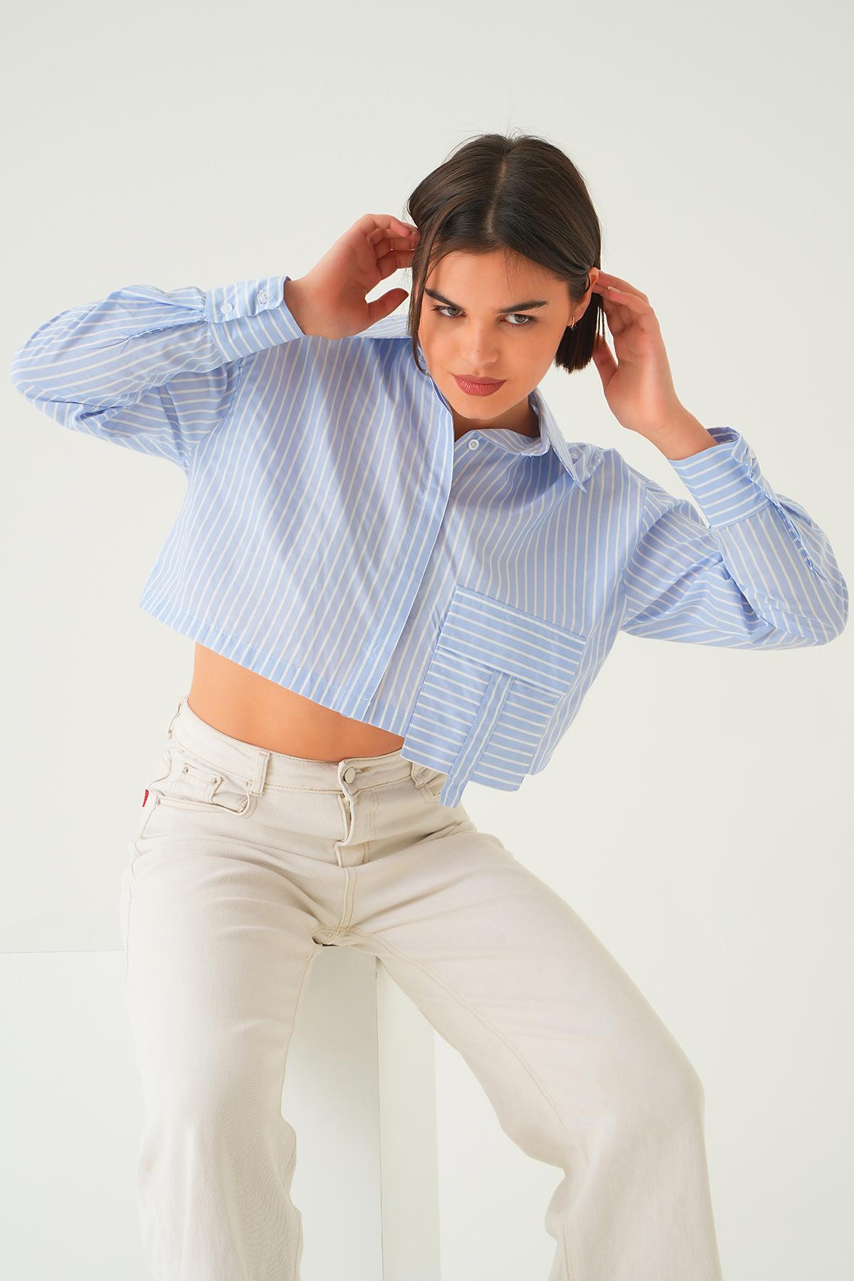 4182A Cepli Crop Gömlek Mavi - 6