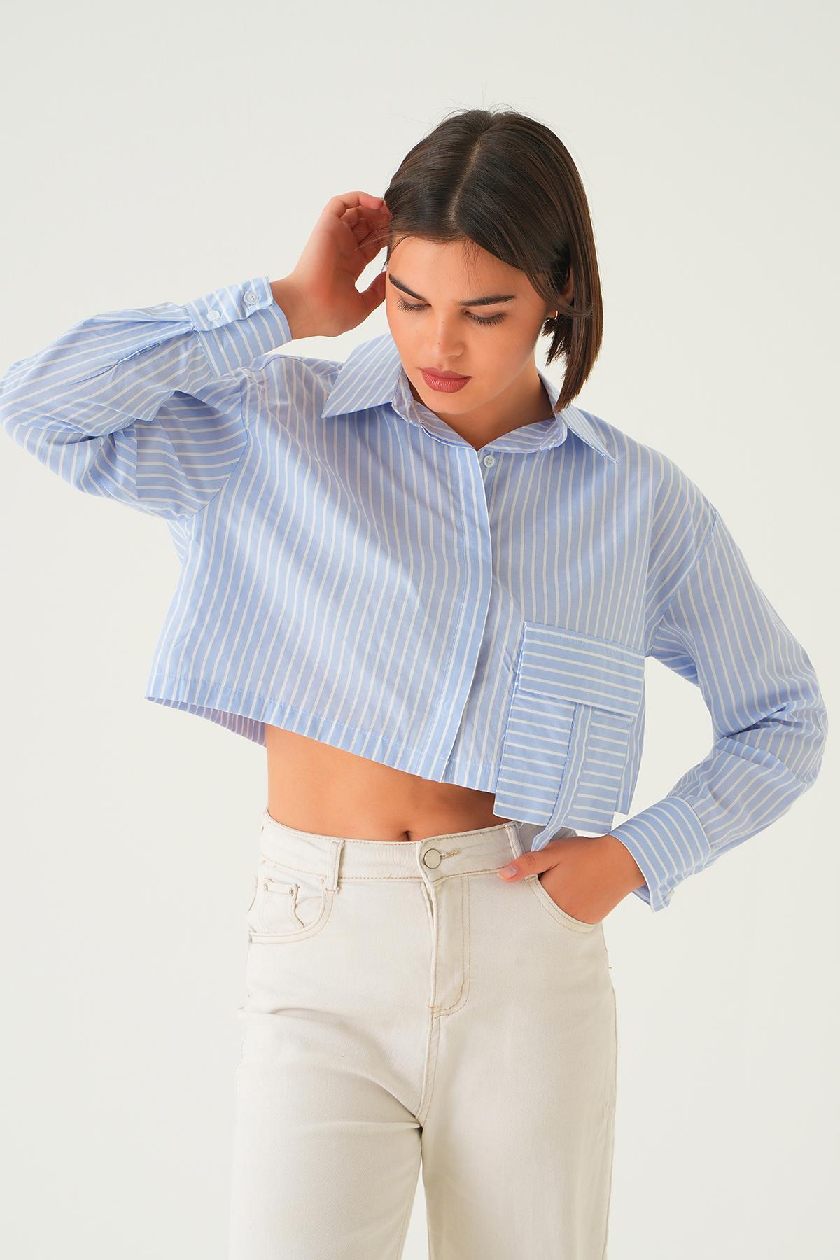 Mavi Cepli Crop Gömlek 4182A - 4