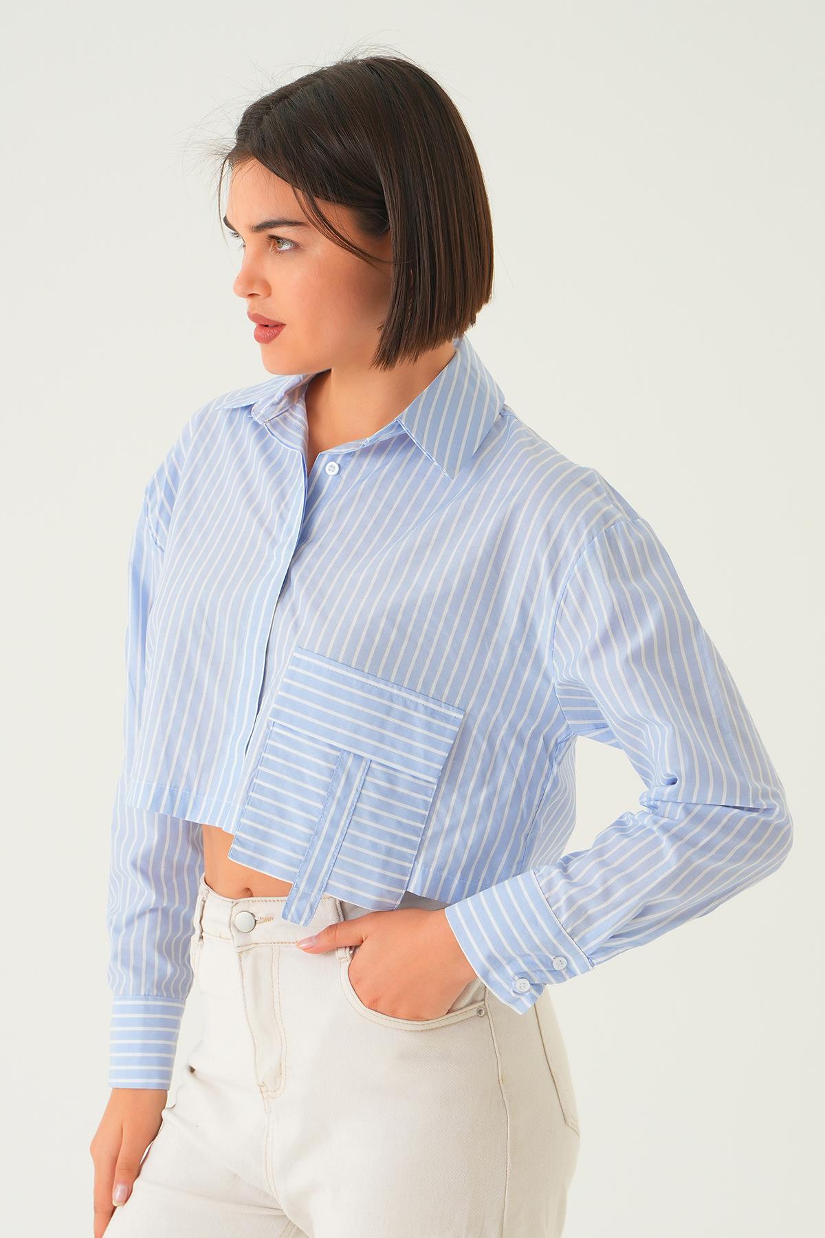 Mavi Cepli Crop Gömlek 4182A - 5
