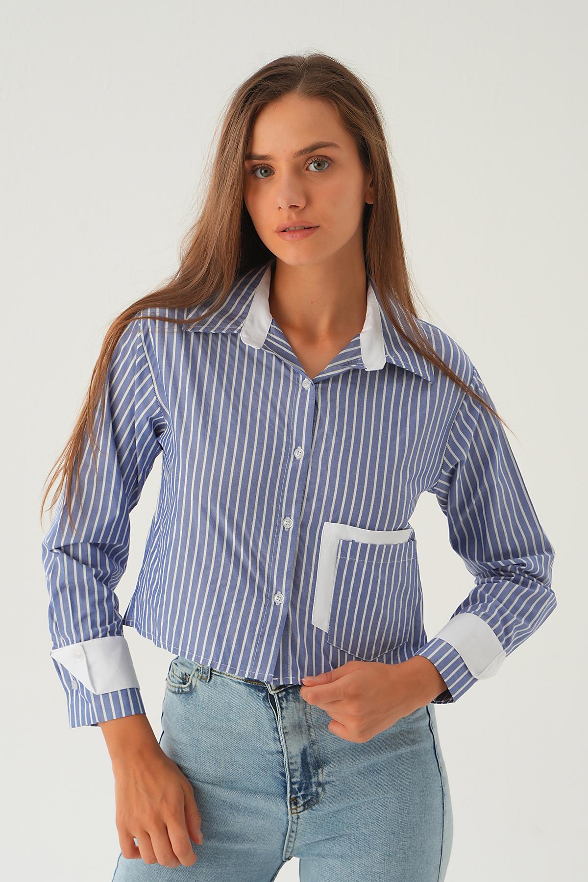 Mavi Kol Manşet Detay Crop Gömlek 4183A - 1
