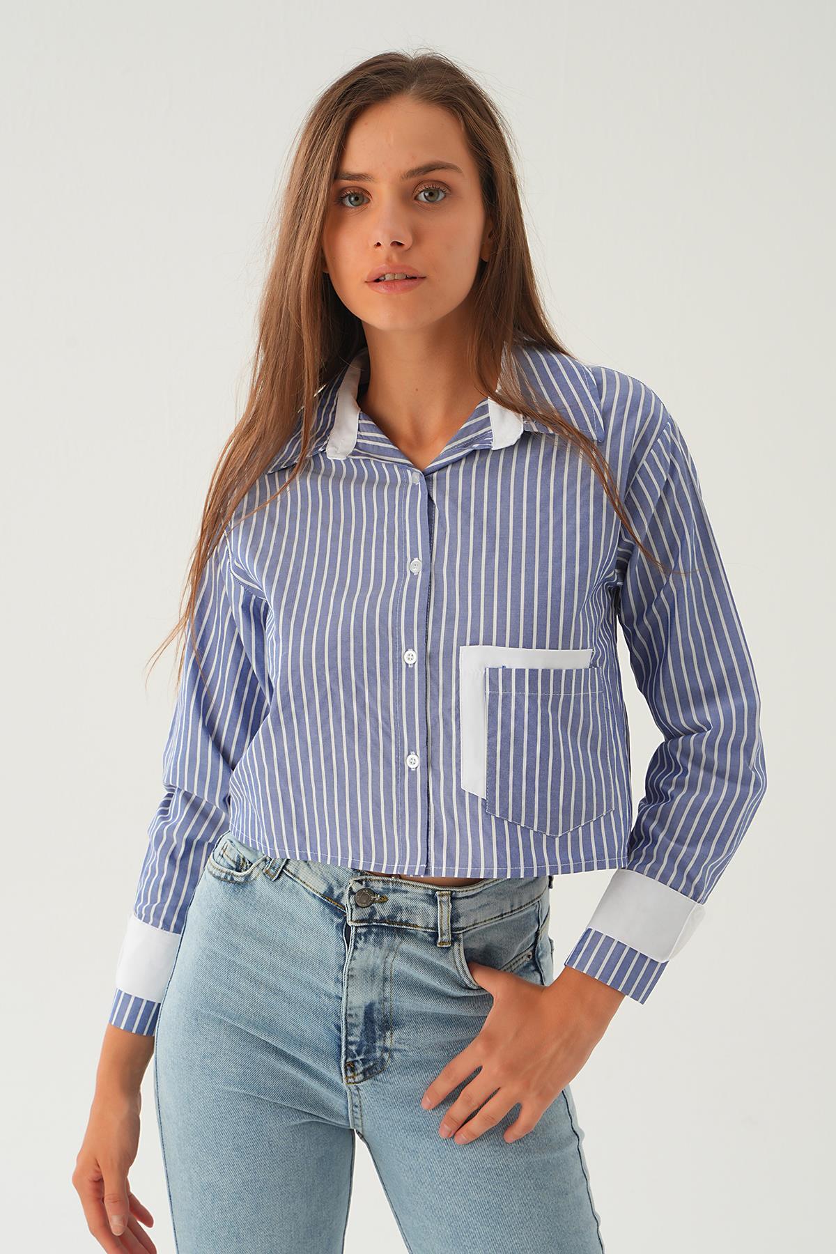 Mavi Kol Manşet Detay Crop Gömlek 4183A - 2