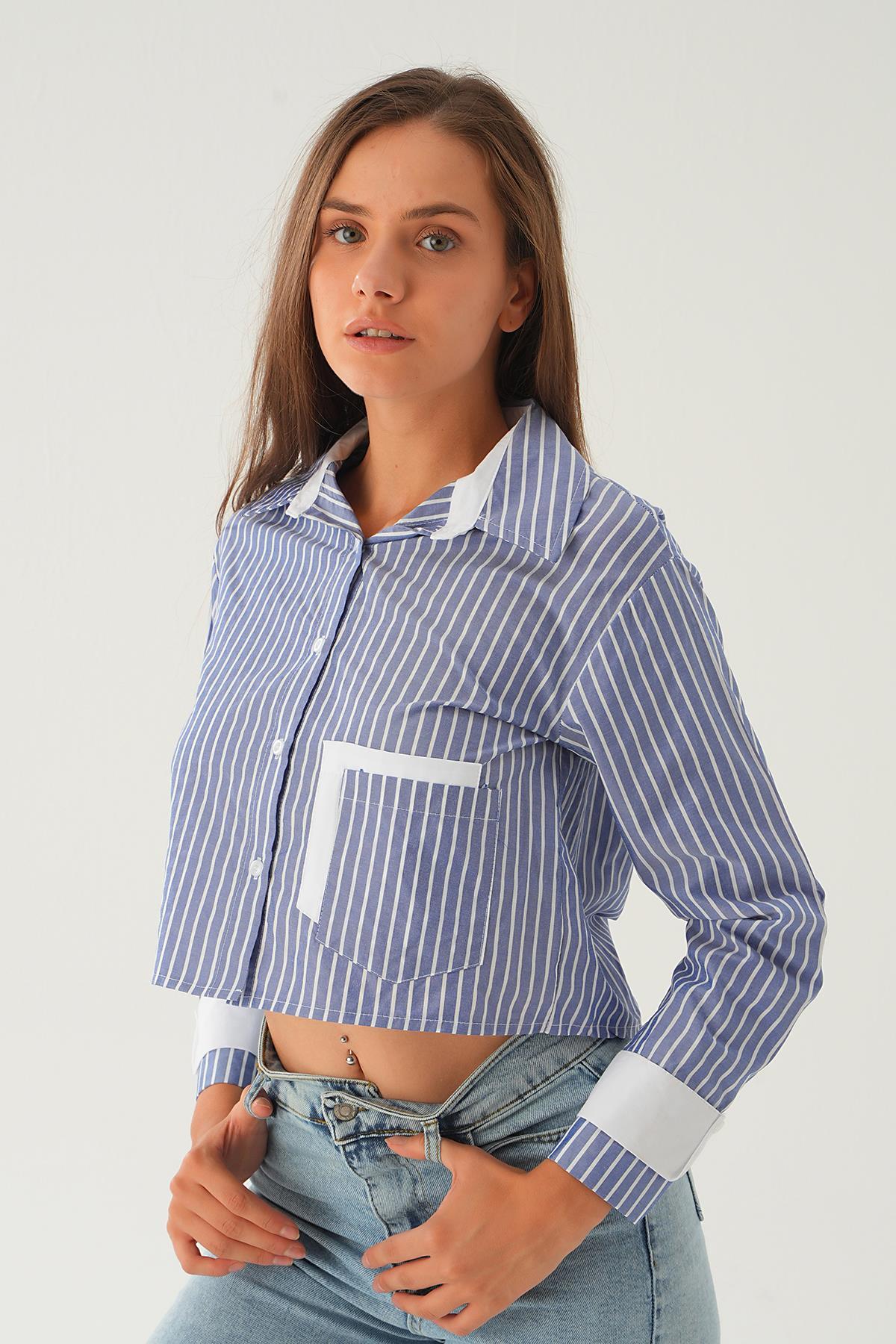 Mavi Kol Manşet Detay Crop Gömlek 4183A - 3