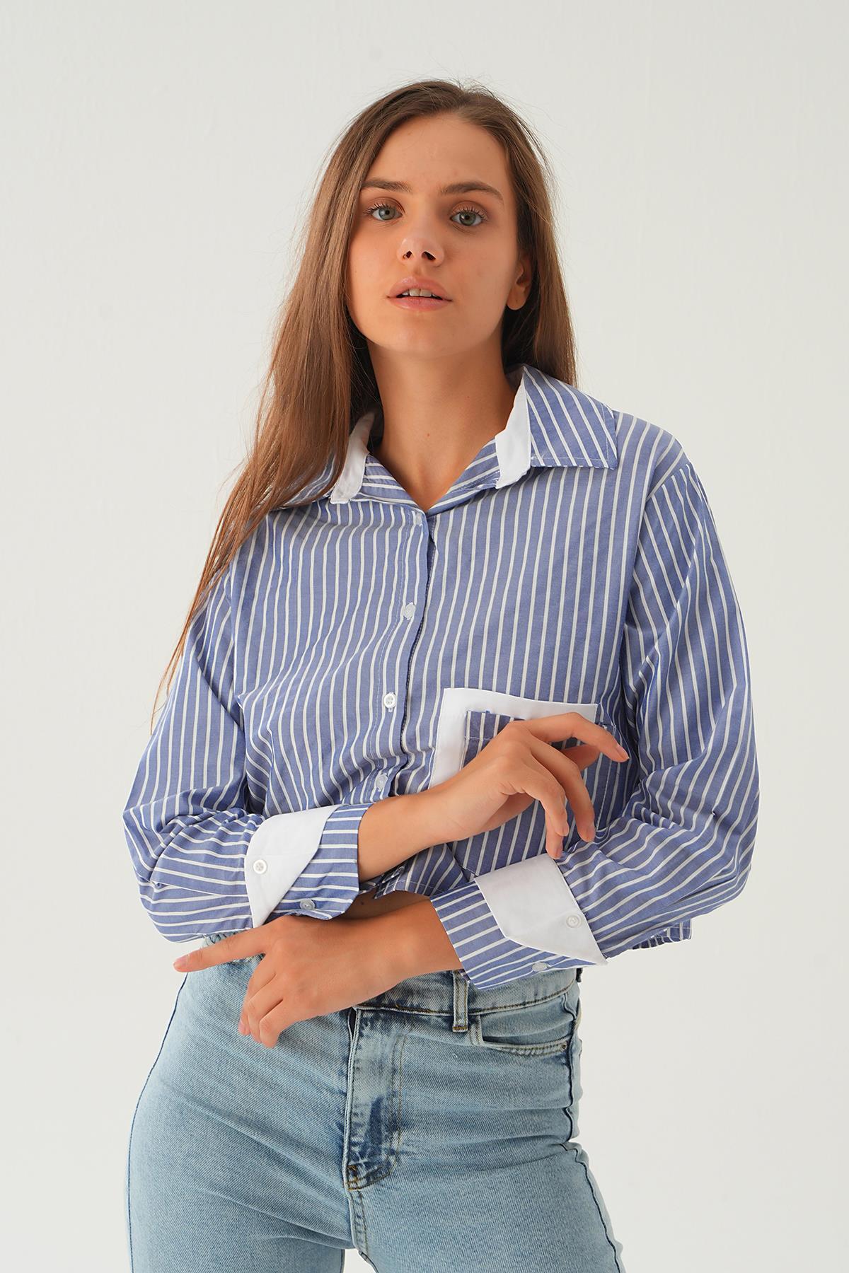 Mavi Kol Manşet Detay Crop Gömlek 4183A - 4