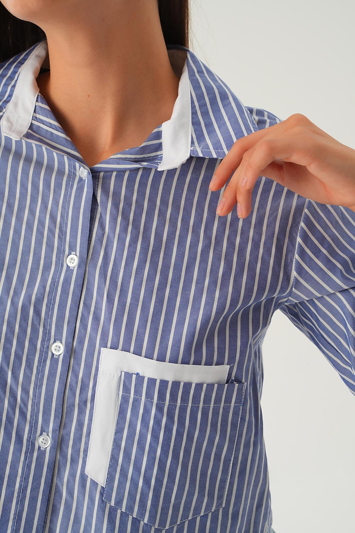 Mavi Kol Manşet Detay Crop Gömlek 4183A - 6